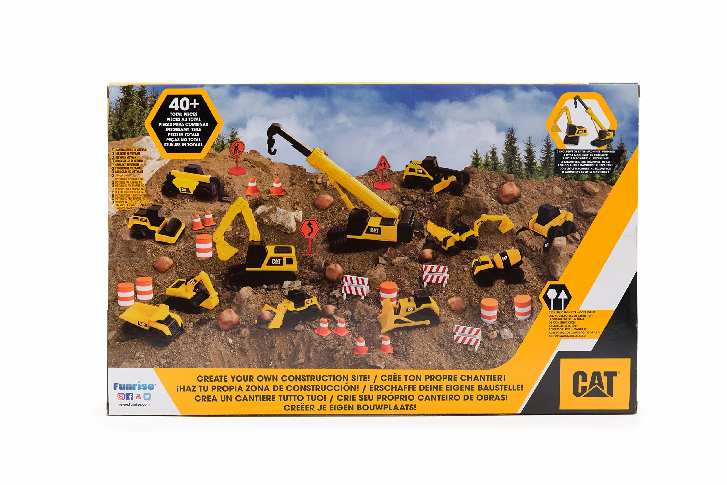 CAT Construction Toys, Little Machines Mega Set – 40+ Pieces with XL Crane & Excavator, 10 Mini Vehicles, Road Signs, Cones, Boulders & Barricades, Indoor/Outdoor STEM Toy for Kids Ages 3 +
