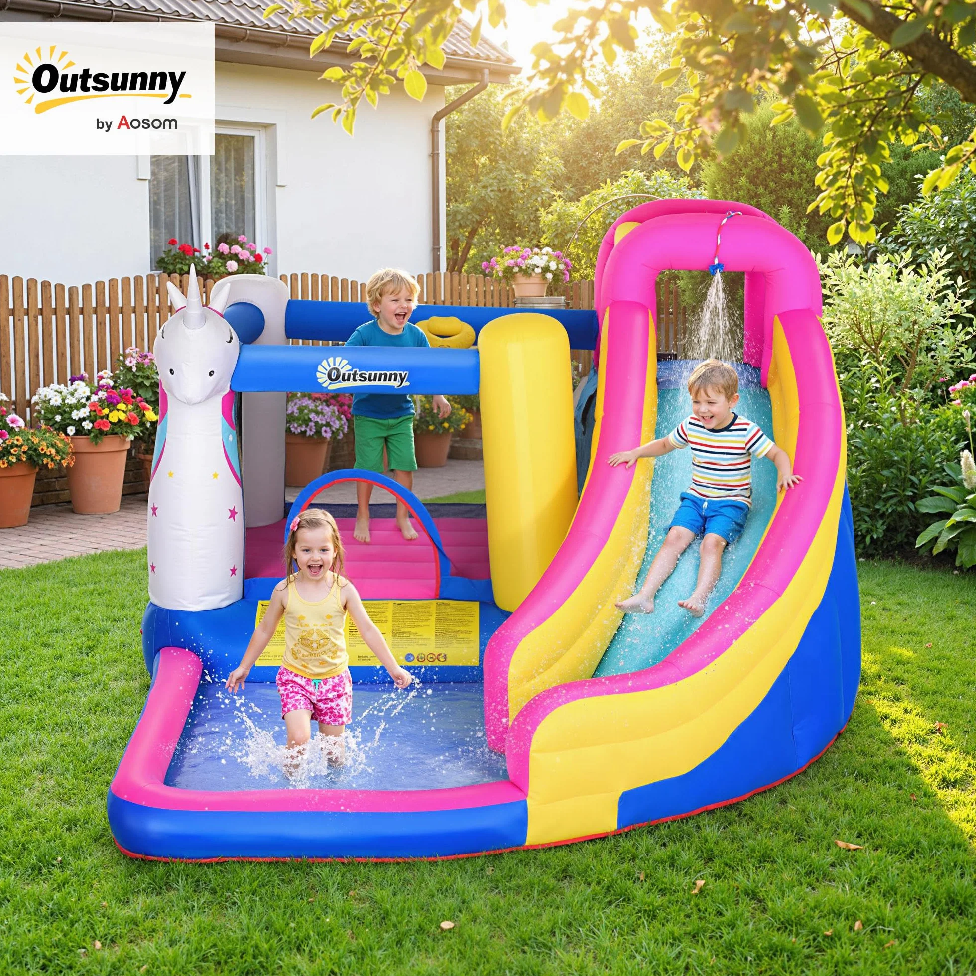 Outsunny Castillo Hinchable para Niños Castillo Inflable Infantil en Forma de Unicornio Parque Acuático con Tobogán Piscina Cama de Salto Inflador y Bolsa de Transporte 360x305x210 cm para 3-8 Años