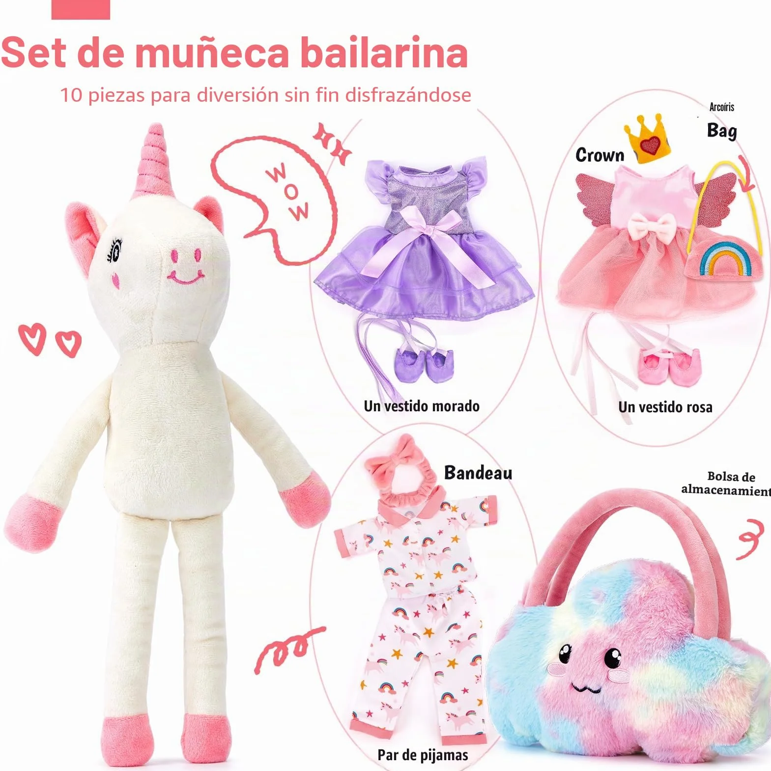 hahaland Unicornio Peluche Juguete Niña 3 años con 3 Set de Ropa y Bolsa