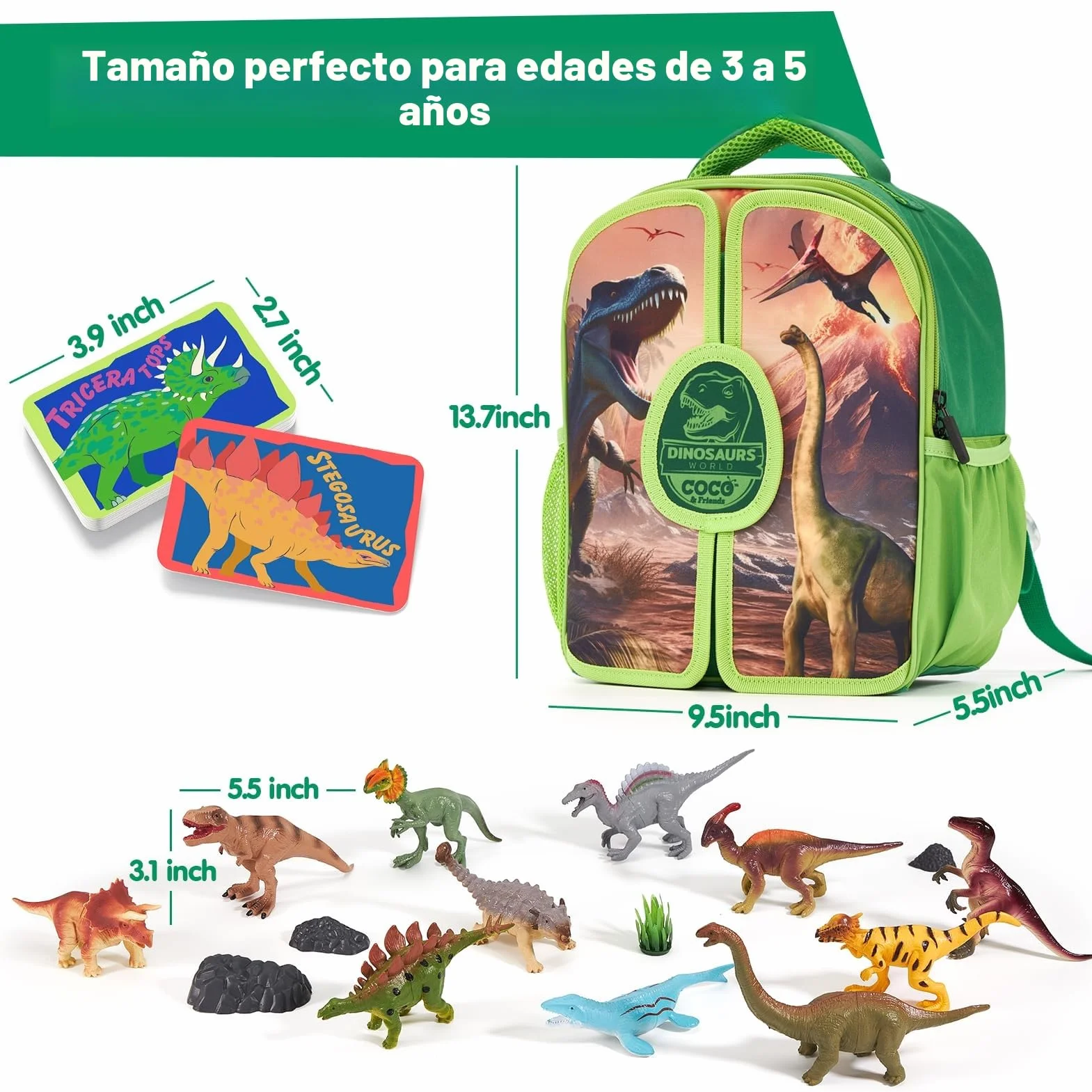 Mochila Infantil Dinosaurios 12 piezas Juguetes Niños 3-6 años COCO&Friends Cartas Tapete Juego