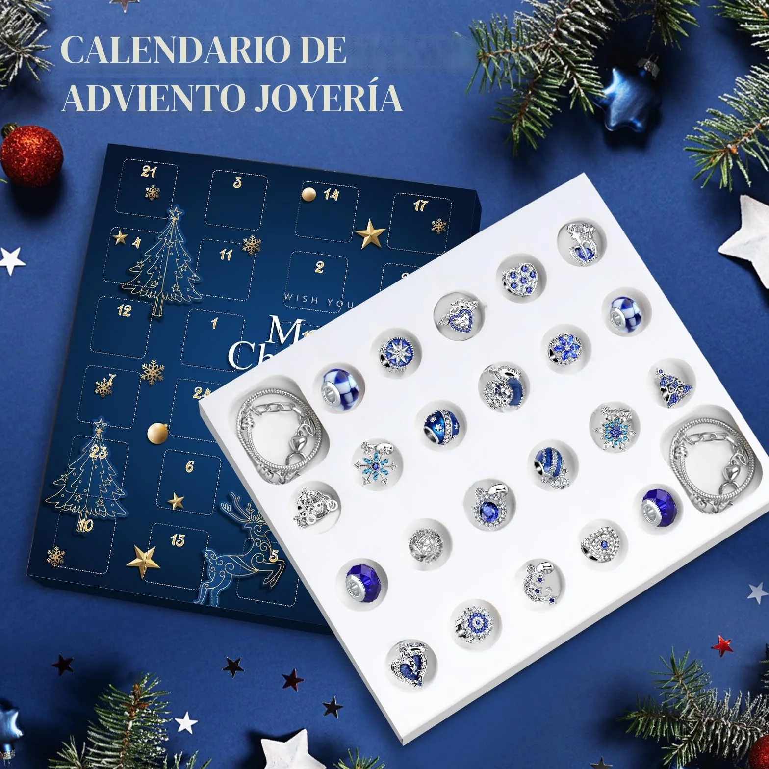 Calendario de Adviento 2025 Joyas Niña Pulseras, 24 días de Sorpresa Calendario de Navidad Cuenta Regresiva Mujer Bricolaje Charms Regalos Kit, Azul