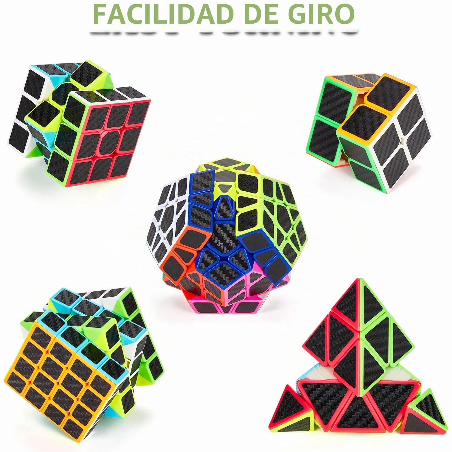 Coolzon Speed Cube Set de Pyraminx + Megaminx + 2x2 + 3x3 + 4x4 Magic Puzzle Cubes 5 Pack Cubo Mágico para Niño Adulto con Adhesivo de Carbono Fibra