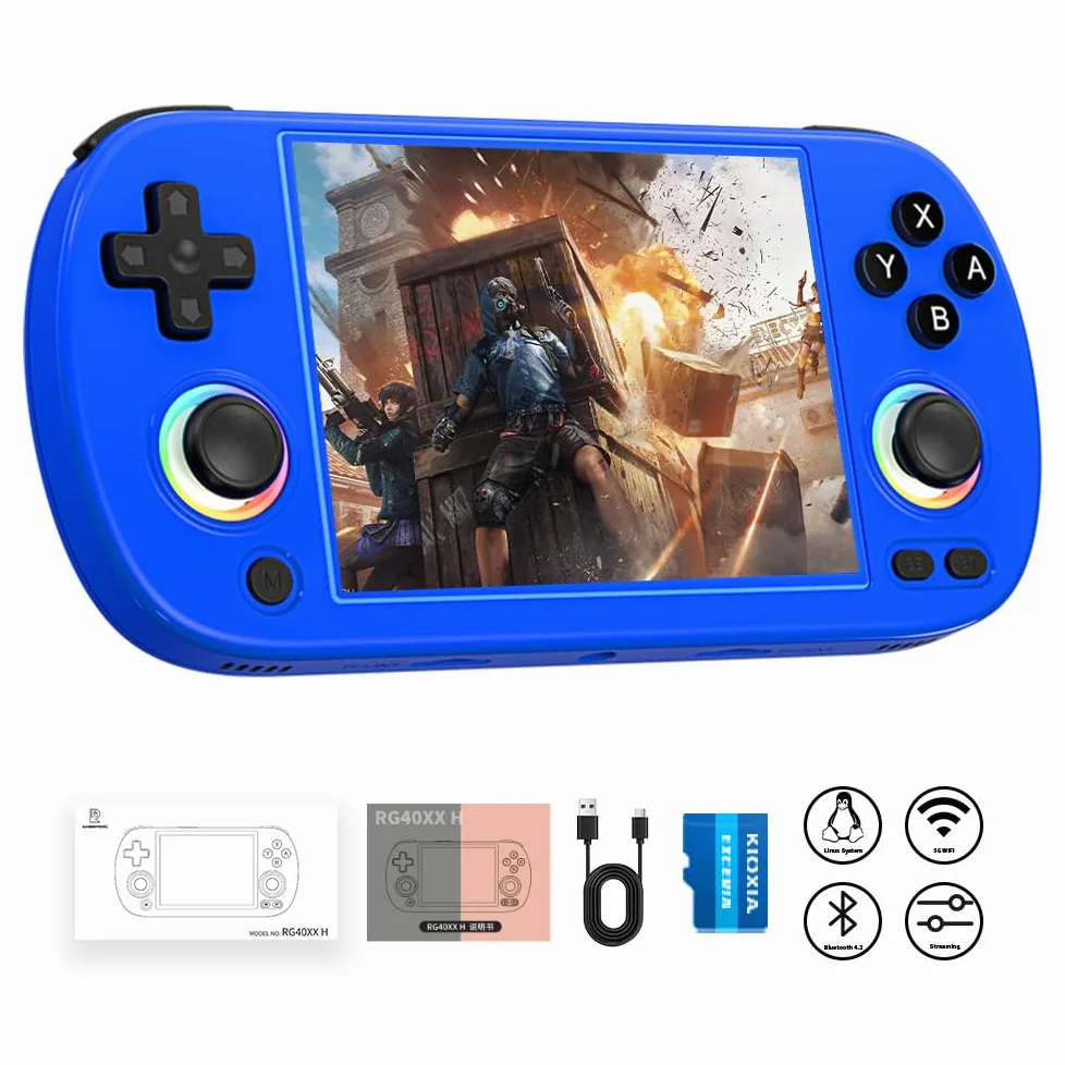 Ayhgicxt RG40XXH Retro Handheld Game Console with 4-inch IPS Screen RGB lighting 64G TF Card Linux System and 3200mAh Battery Supports 5G WiFi Bluetooth 4.2 Blue