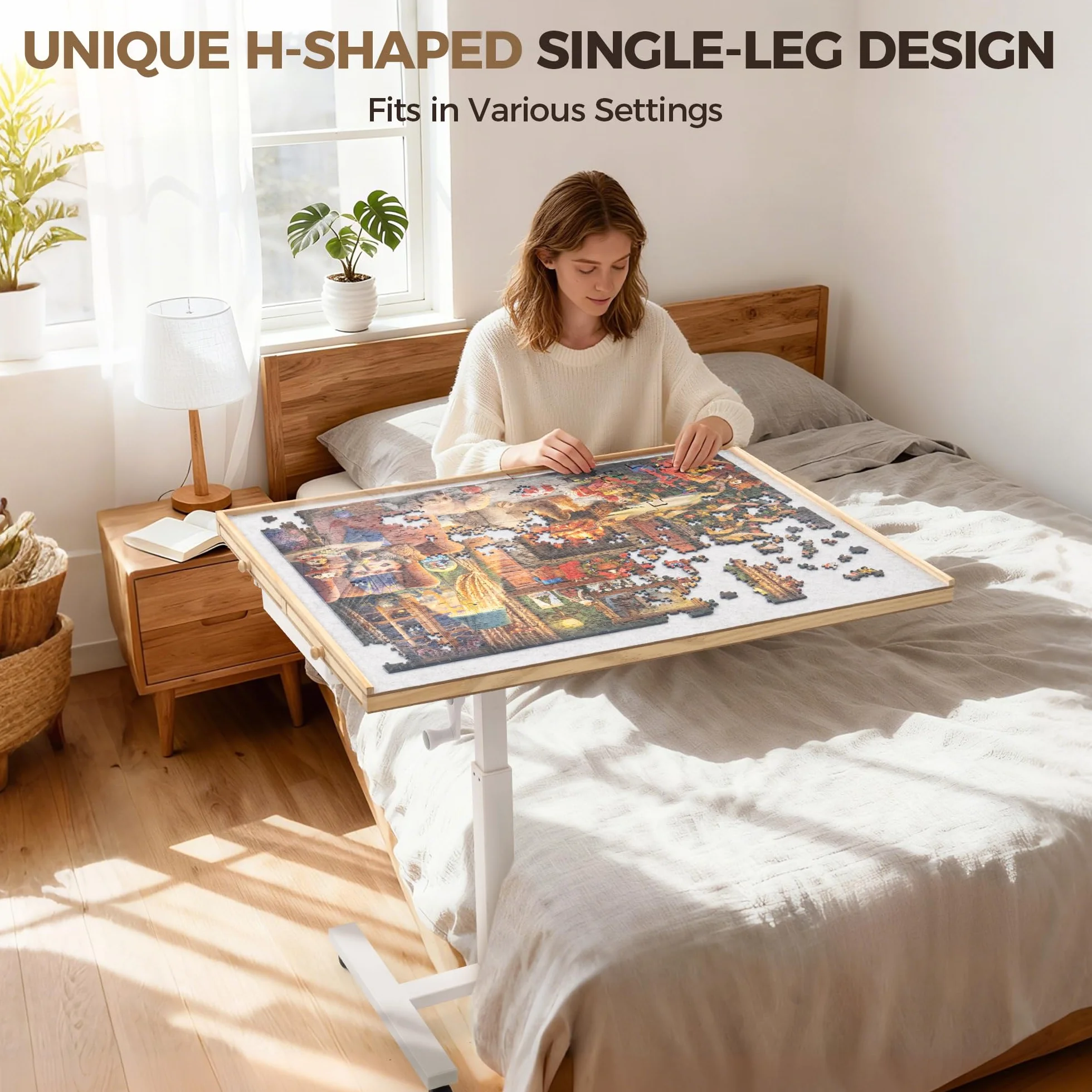 ROPODA Mesa Puzzle de 1500 Piezas, Tablero de Rompecabezas con Ajuste de Ángulo y Altura, Mesa de Rompecabezas con Seis Cajones, Tapa y Cuatro Ruedas, Puzzle Table con Pedestal Único, 89 x 68 cm