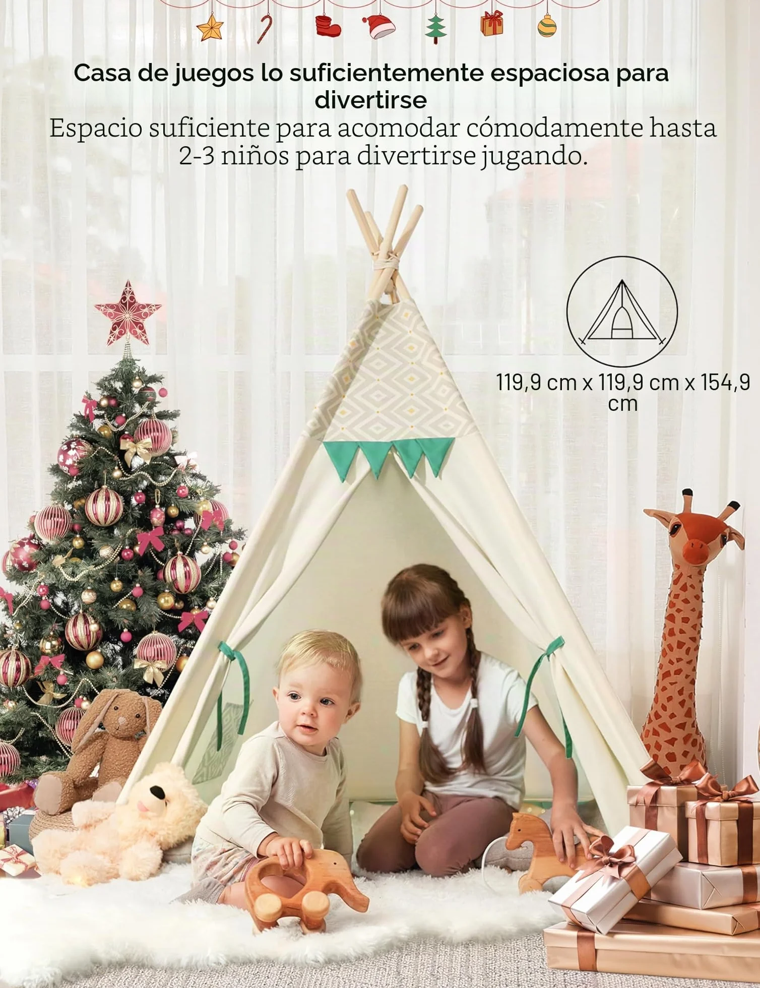 besrey Tipi Infantil Indio para Niños Tienda de Campaña Infantil Canvas Tipi de algodón con Alfombra Acolchado y Luces de Hadas (Verde y Blanco)