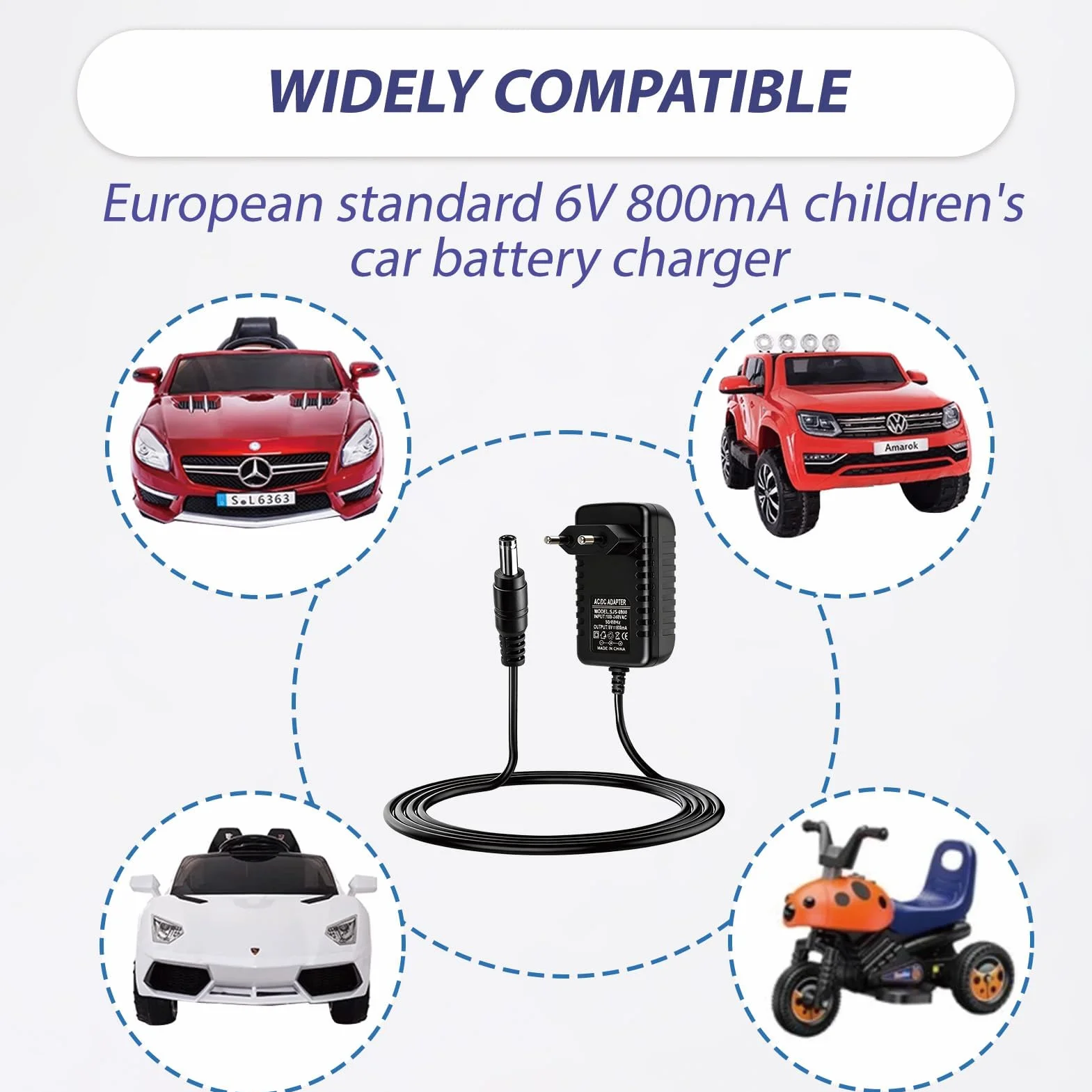 Cargador 6V 800mA para Coche Eléctrico, Adaptador Universal con Indicador LED, Compatible con Moto, Quad 6 Voltios, Conector 5.5mm x 2.1mm (Negro)