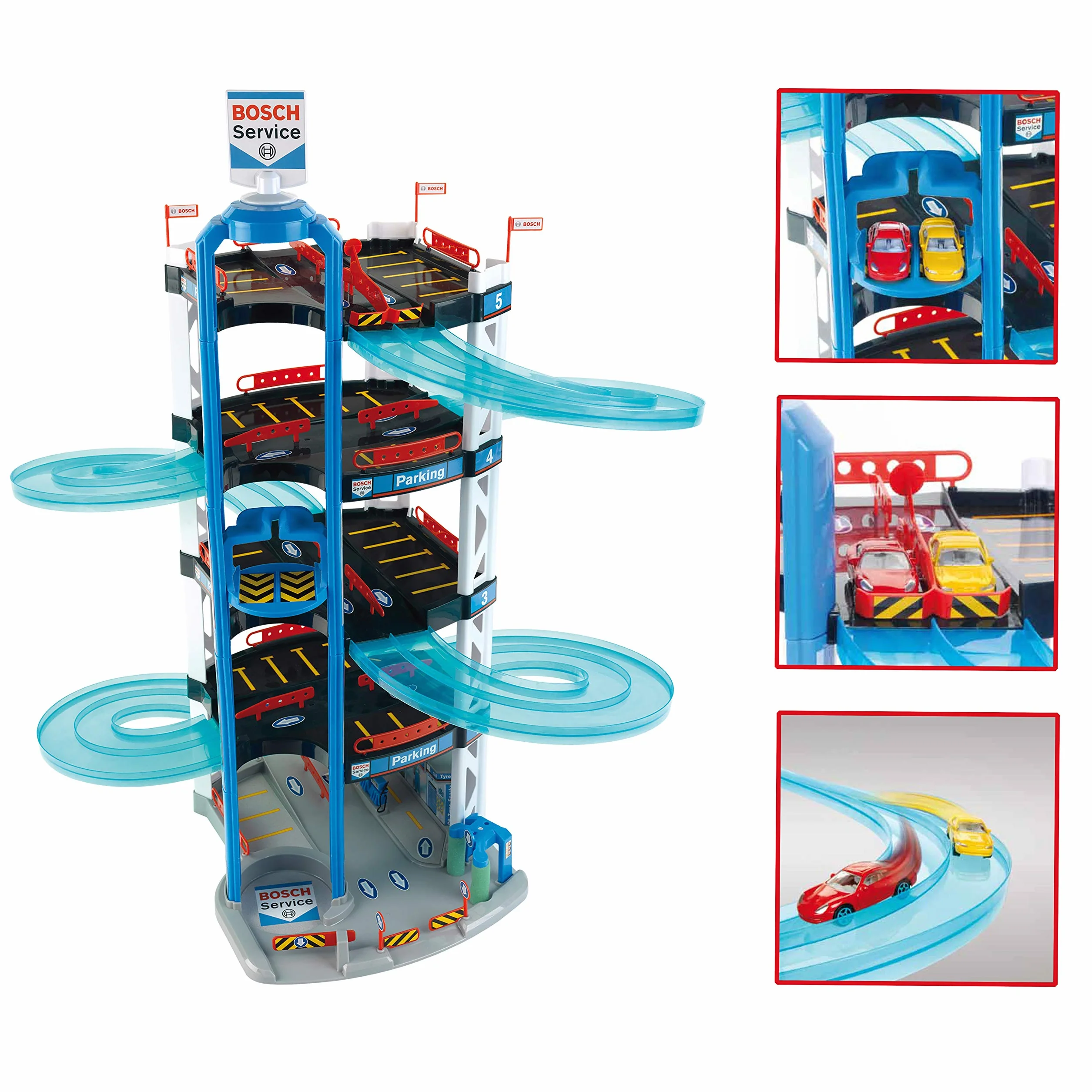 Theo Klein 2813 Aparcamiento Bosch Car Service, con 5 Plantas, Doble rampa de Salida, 2 Coches de Carreras, Ascensor y Mucho más, Medidas 55 cm x 55 cm x 85 cm, Juguete para niños a Partir de 3 años