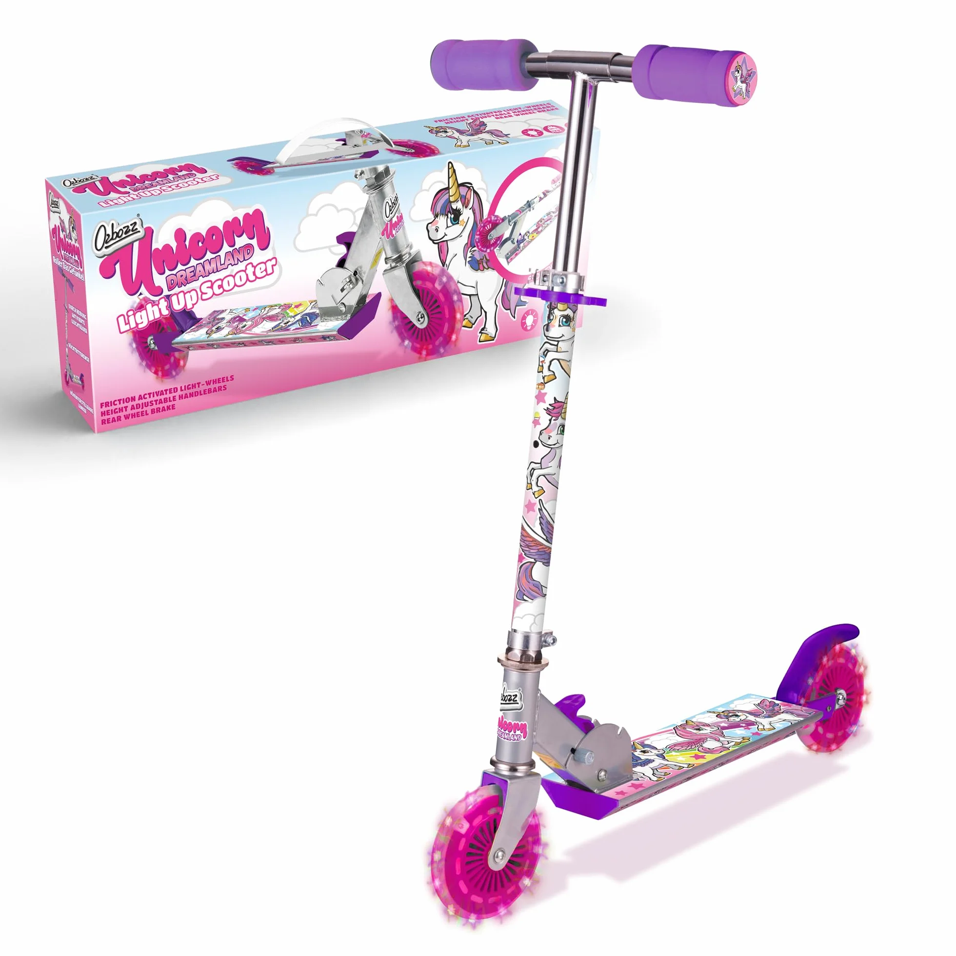 Ozbozz SV13988 Unicorn Scooter con 2 Ruedas iluminadas, 4-11 años, manillar ajustable, Multicolor