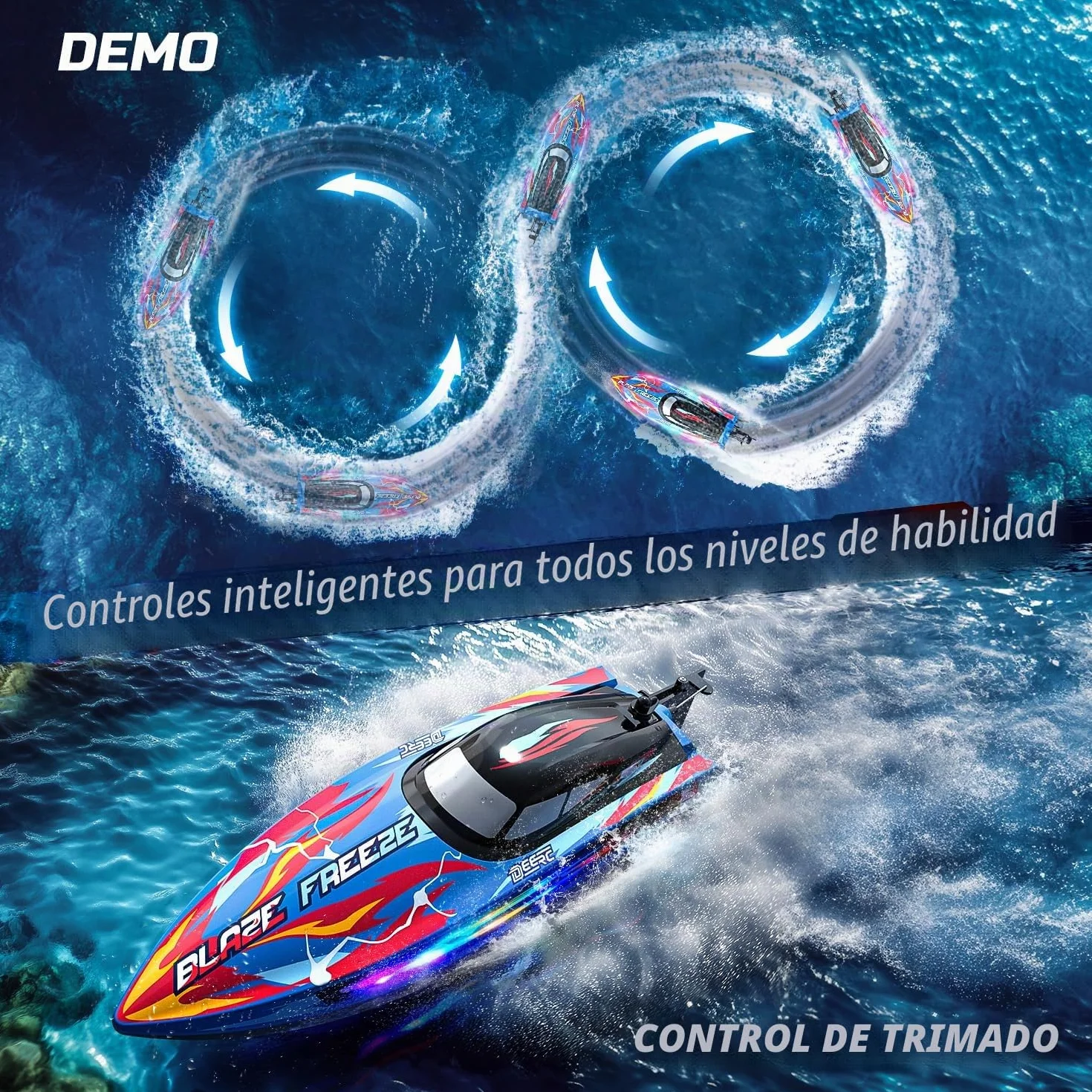 DEERC Barco Teledirigido Lancha rápida a Control Remoto para Piscina y Lago con luz LED, 20+mph, 40+ Mins, autoadrizable, para niños, Juguete acuático de Verano de 2,4 GHz