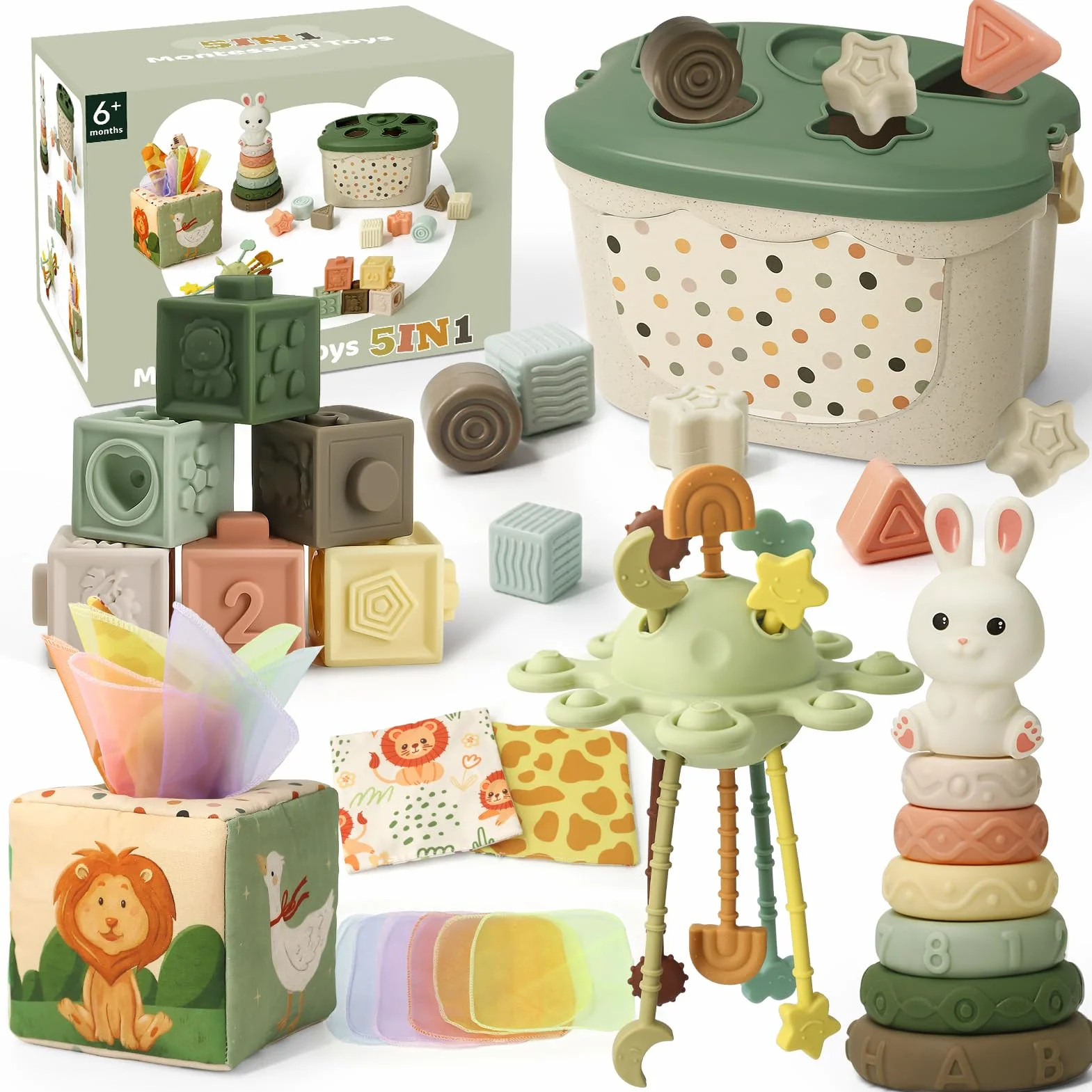 Juguetes Bebes 6 Meses, 5 en 1 Juguetes Montessori Bebes 6-12 Meses con Caja Pañuelos Bebe, Clasificación y Apilamiento de Formas, Bebe Mordedor & Educativos, Regalos Bebés Montessori 7 8 9 Meses
