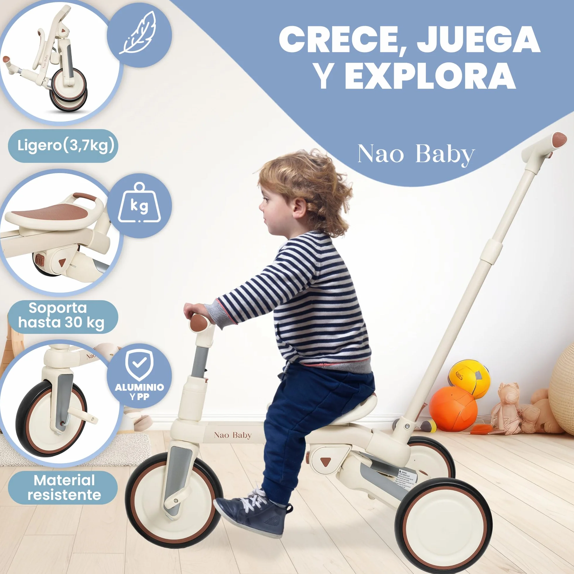 Triciclo Evolutivo Plegable y Ajustable para Bebé y Niño (1-5 Años) con Barra de Empuje Direccional – Ideal como Bicicleta Niño 2 Años, Triciclo Bebé 1 Año y Correpasillos (Sin Capota)