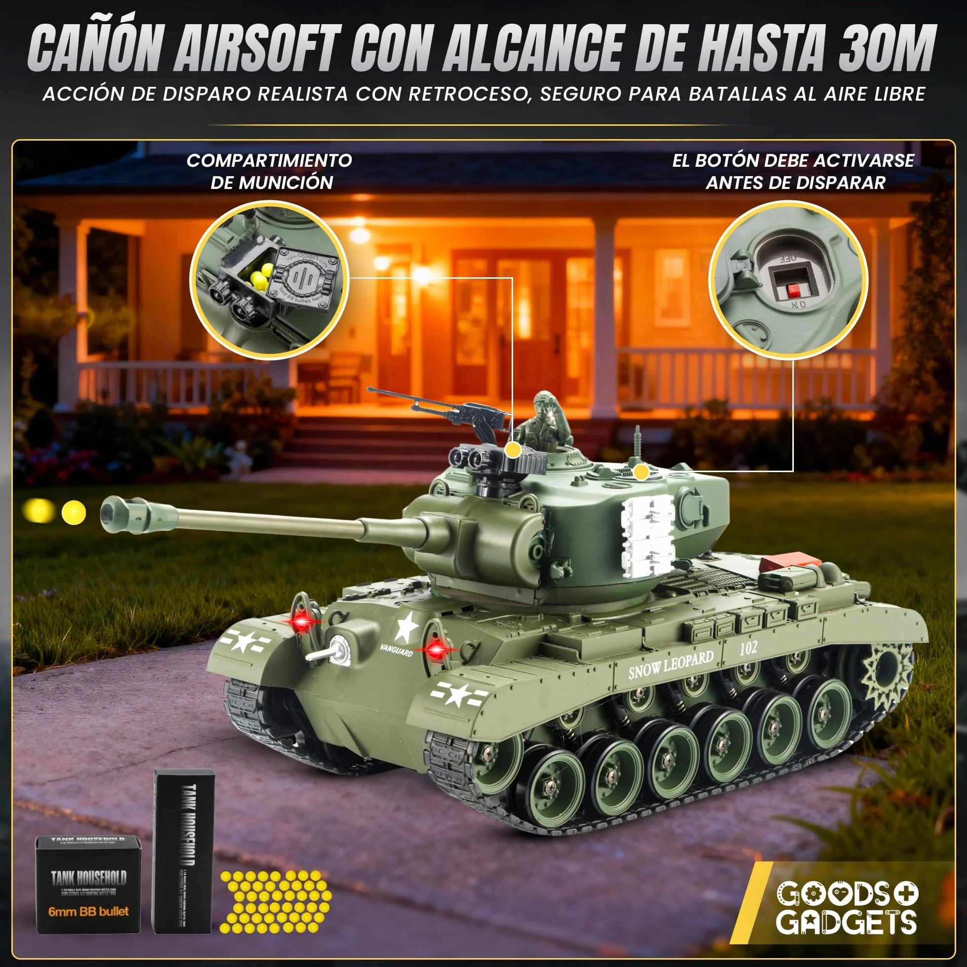 GOODS+GADGETS Tanque RC Alemán Tiger I 2.4GHz R/C Modelo a Escala 1:16 con función de Disparo, Sonido - RTR (Pershing Snow Leopard)