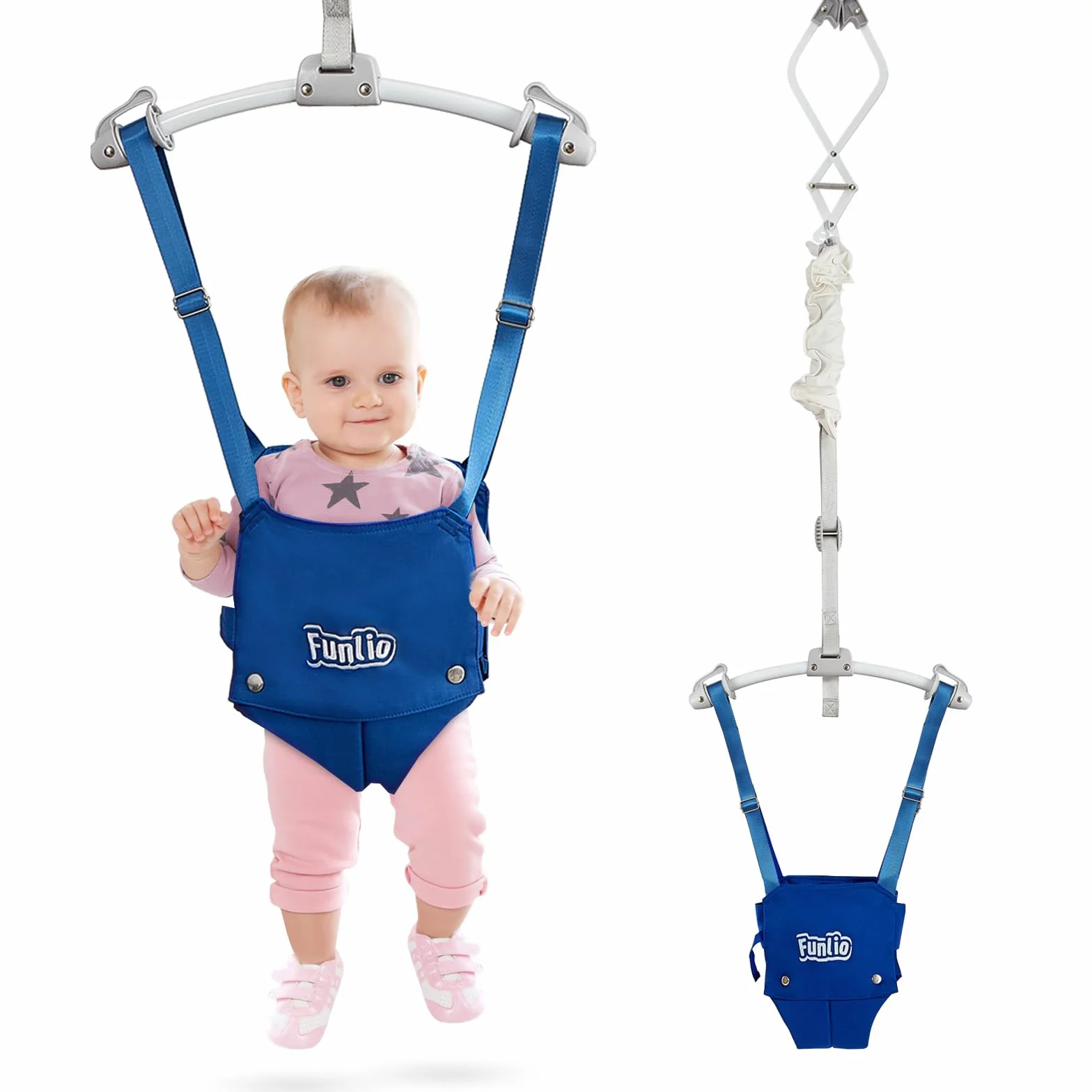 FUNLIO Saltador de Puerta para Bebés de 6 a 24 meses, Con Resorte Fuerte, Correa Ajustable y Clip, Gorila portátil para puerta infantil, Fácil de montar, Con 18 kg, Certificado CPC y CE