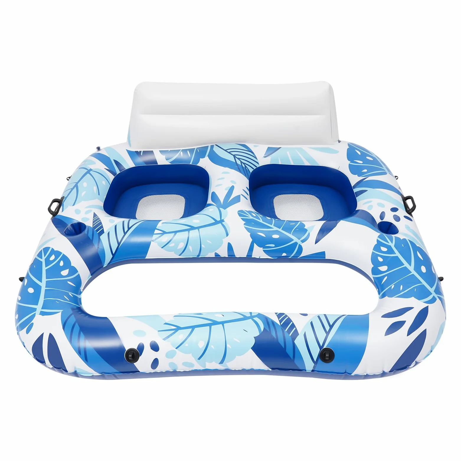 Sillón de piscina hinchable para 2 personas, colchón de aire de vacaciones para adultos con red, silla de piscina grande, tumbona de agua con soporte para bebidas y asa, azul cielo, 165 x 152 x 55 cm