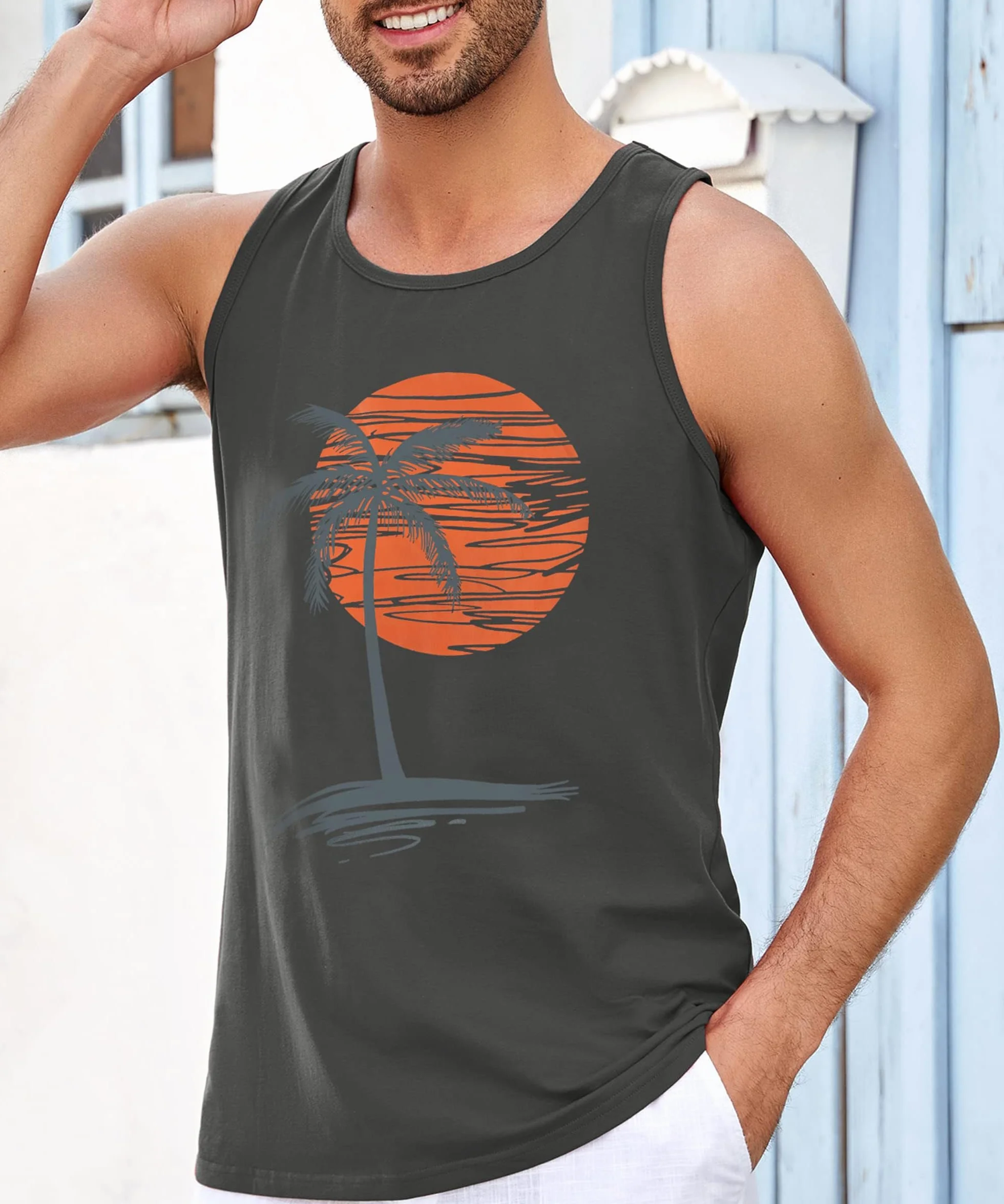 Runcati Camiseta de tirantes estampada para hombre, sin mangas, deporte, fitness, gimnasio, entrenamiento, camiseta interior de algodón transpirable