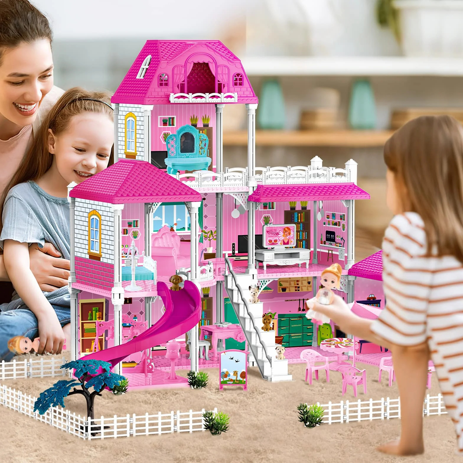 deAO Casa de Muñecas, 3-stöckige Grande Dream Doll House (83 * 52 * 63cm) con Accesorios 2 Muñecas, 4 Figuras Perros Miniatura, Muebles, Toboganes, Casita de muñecas para niñas(Dollhouse Plastico)