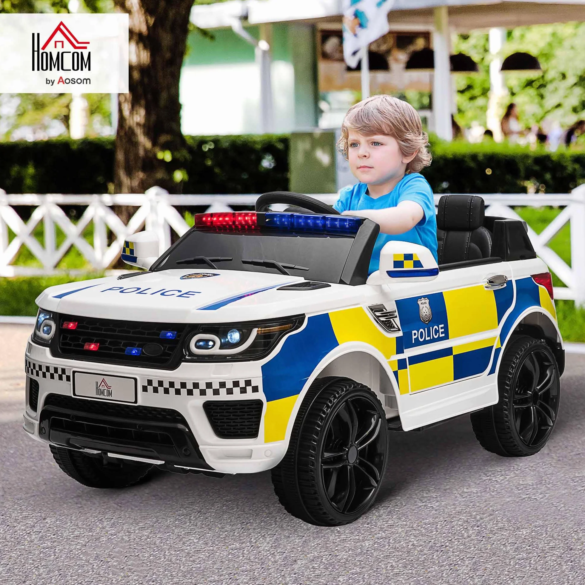 HOMCOM Coche Eléctrico Infantil de Policía 12V con Suspensión Muelle Mando a Distancia Bluetooth USB Sirena Blanco
