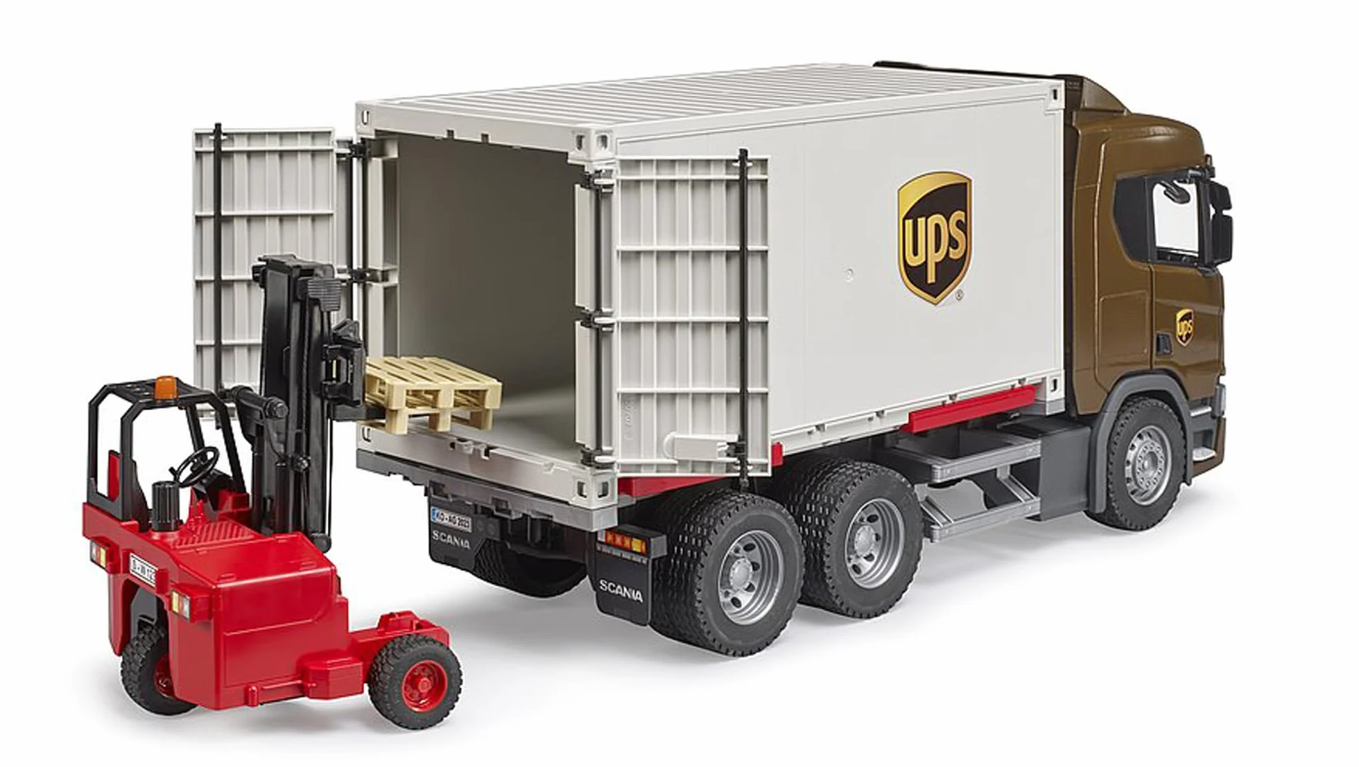 Bruder - 03582 - Scania Super 560R Camión logístico UPS con Carretilla elevadora, vehículos, paquetería, Transporte, Carretilla elevadora, transportador, Juguetes a Partir de 4 años | Con carretilla elevadora, repartidor de paquetes, empresa de transporte