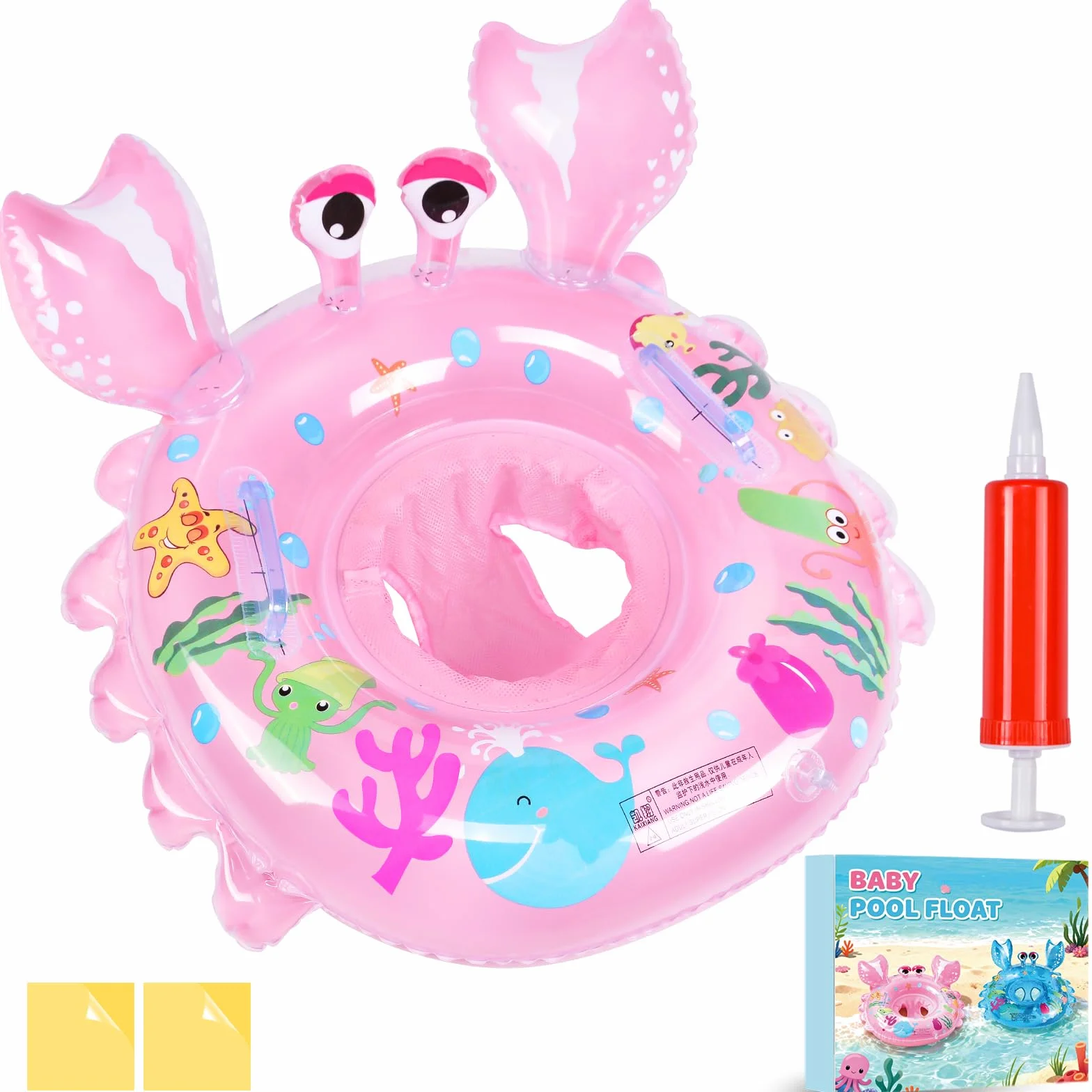 Ninonly Flotador Bebe Anillo de Natación Inflable Asiento con Bomba de Aire,2Parches de Reparación para Niños de 12 a 36 Meses Baño y Entrenamiento de Natación,Piscina,Playa,Bañera (Rosa Cangrejo)