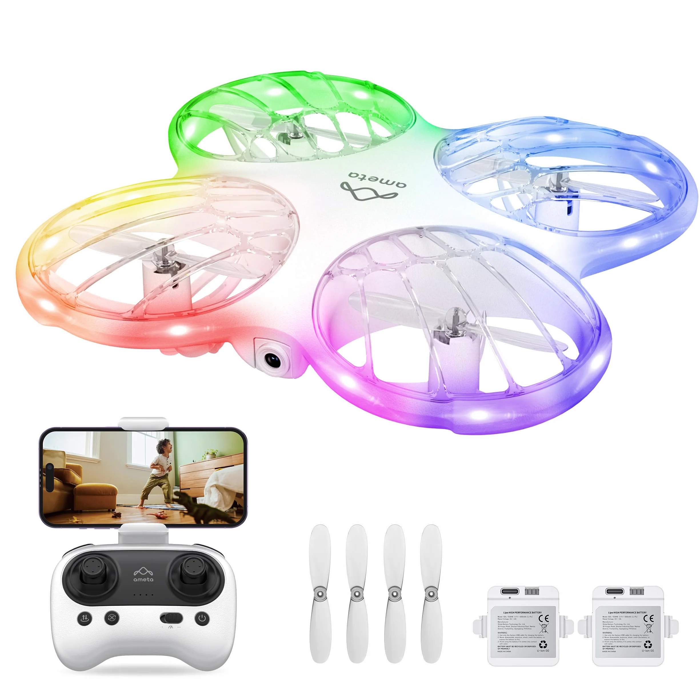 Ameta Morpho Dron para Niños con Camara 1080P, Mini Drone FPV con 32 Luces RGB/Vuelo en Círculo/ 3D Voltear/ 18min de Vuelo/Timbre Perdido, Juguetes Regalo para Niños Niñas, Menos de 250g