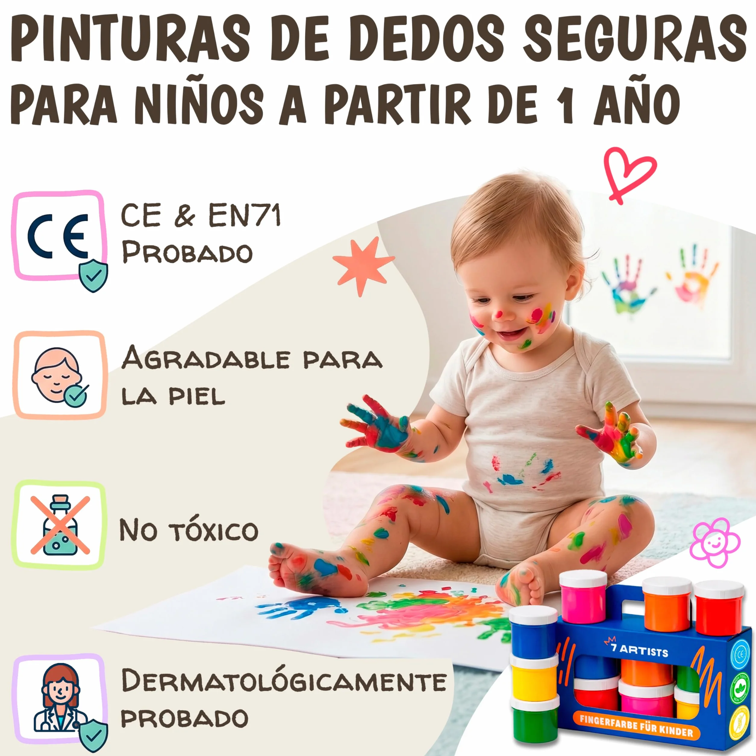 Pintura Dedos Bebe No Toxica Lavable 6x60ml – Pintura de Dedos Para Niños 1, 2, 3 años | Pintar con Manos y Pies | Pinta con Manos & Huellas Bebé Multi Superficia