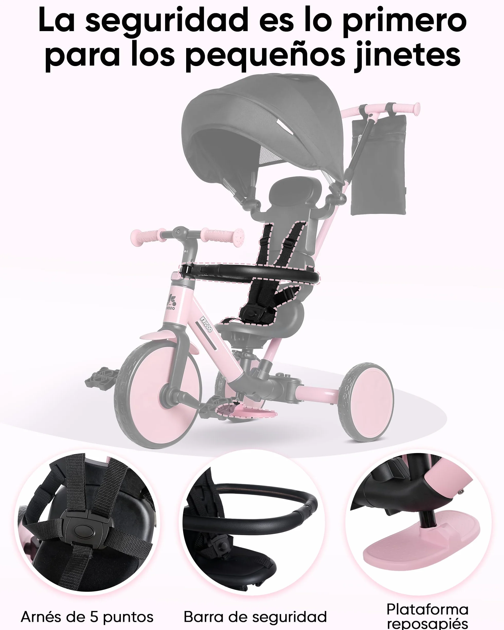 KRIDDO Triciclo Evolutivo 8 en 1 para Niños de 18 Meses a 5 Años, con Barra de Empuje, Triciclo y Bicicleta con o sin Pedales, Arnés de 5 Puntos Mejorado, Capota Plegable y Bolsa, Rosa