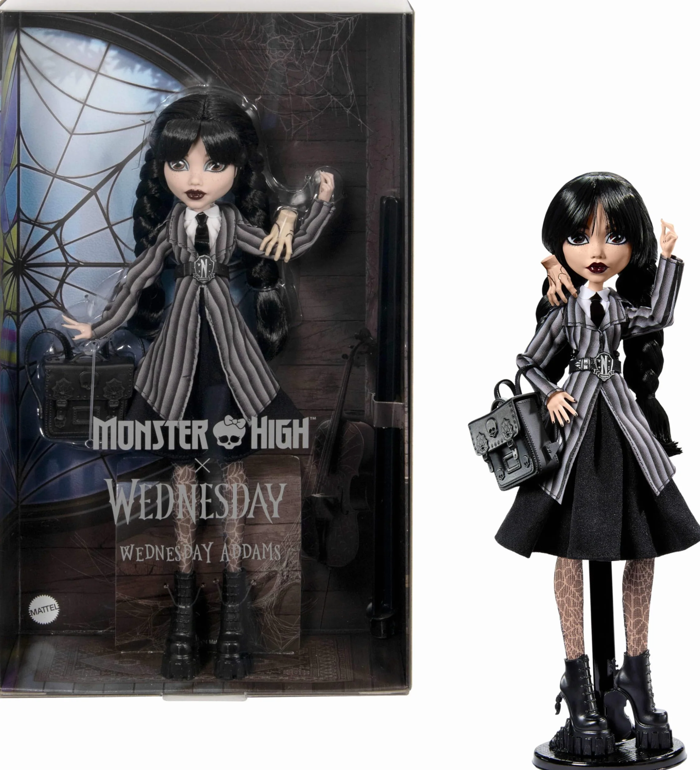 Monster High Miércoles Muñeca y Accesorios, muñeca Coleccionable de Miércoles Addams con el Uniforme de la Academia Nevermore, Cosa y una Mochila, con peana para la muñeca, HXJ04