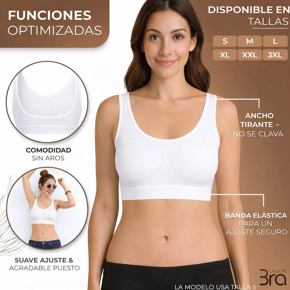 Mujer Set de 3 Sujetadores Bralette Sin Aros Invisible Antisudor Sin Costuras Algodón Negro Blanco Beige