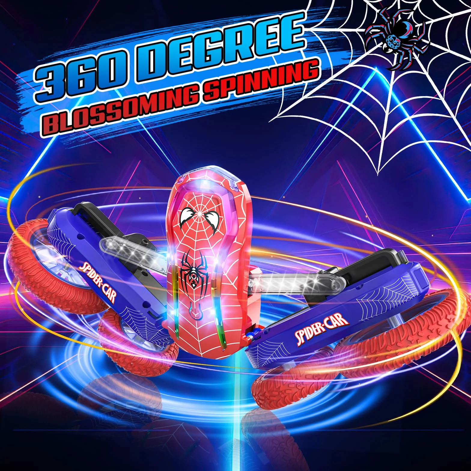 Coche Teledirigido Niños 4 5 6 7 8 9 10 Años, Spider Juguete Monster Truck RC Carro Radiocontrol Acrobático con Espectáculo de Luz, Remote Car Regalo Niña Cumpleaños Navidad Juego Infantiles Exterior