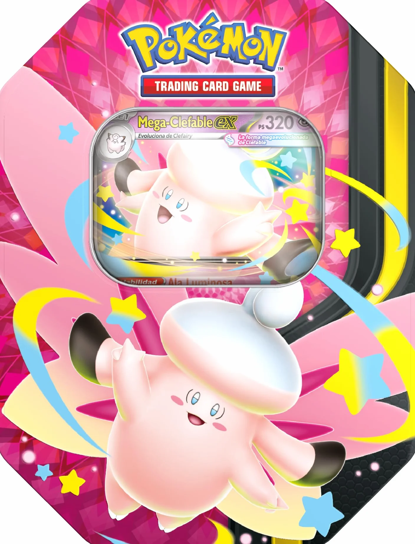 Pokémon JCC Lata Megaluz Lunar Mega-Clefable ex 4 Sobres de Mejora 1 Carta holográfica