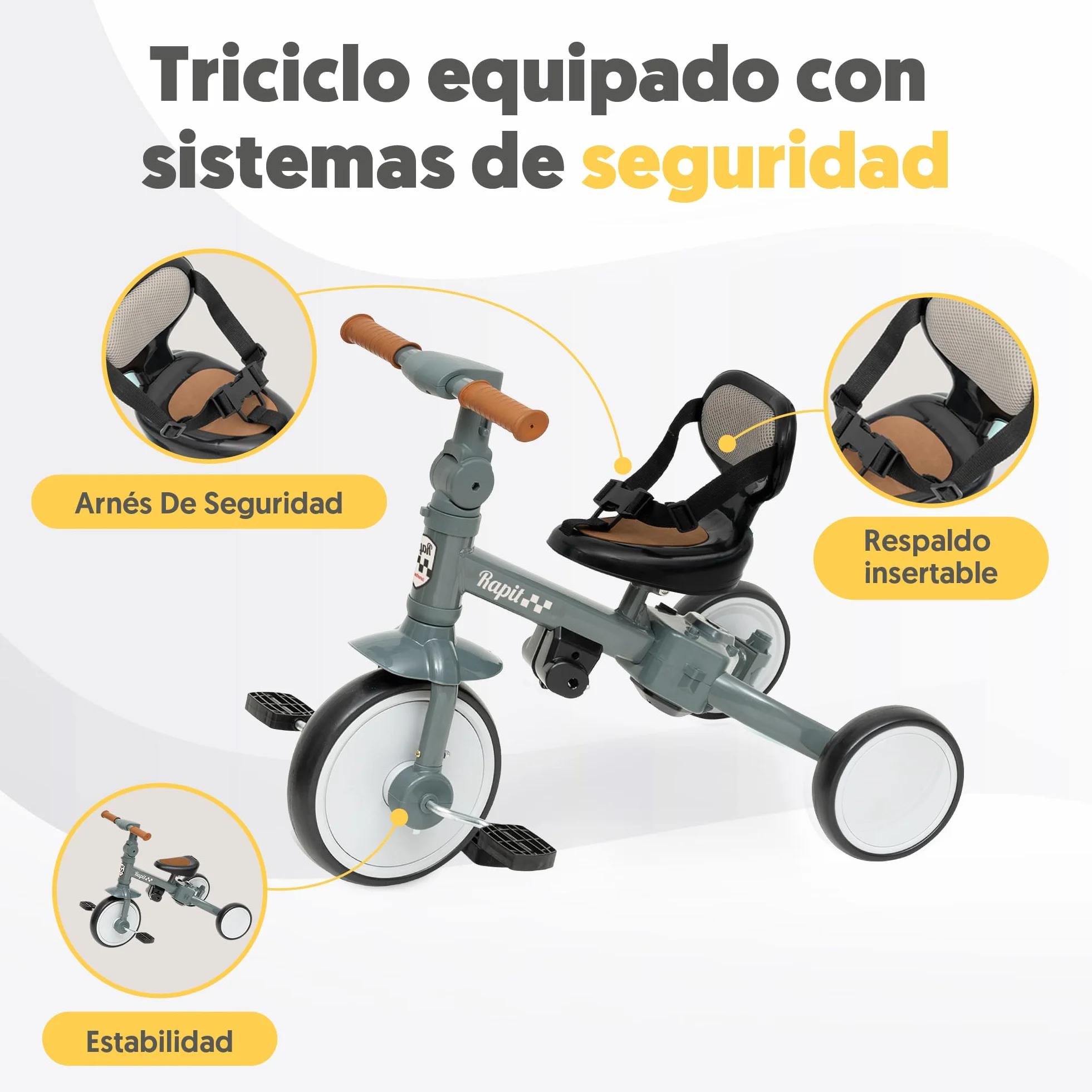 Interbaby Triciclo Evolutivo Bebé 5 en 1 | Triciclo Bebé 1 Año Convertible en Bicicleta sin Pedales | Bici Bebé y Correpasillos 1-5 Años | Ajustable, Transformable y Estable (Gris)