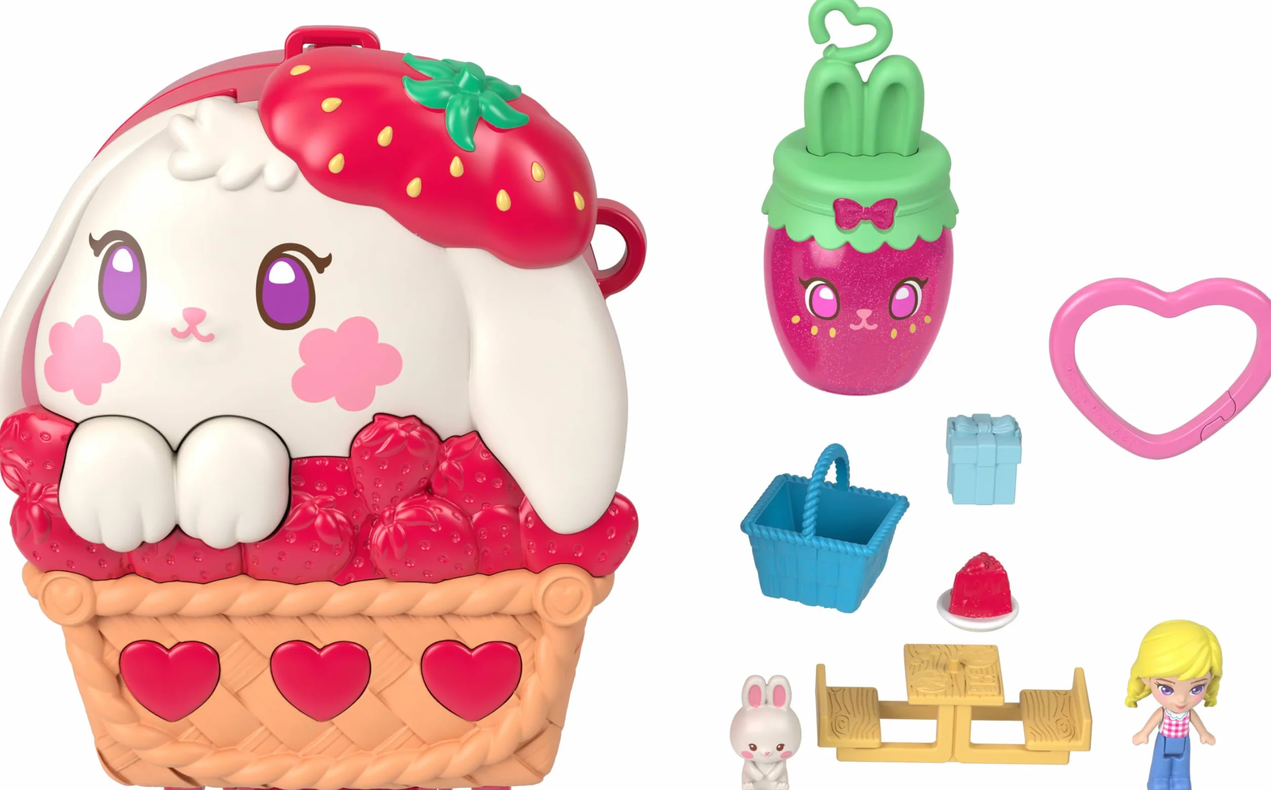 Polly Pocket Estuche Conejito de pícnic, Conjunto de Juego con muñeca, Juguete de Viaje con una minimuñeca, una Mascota y Accesorios temáticos de Fruta, como Fresas, JKC47