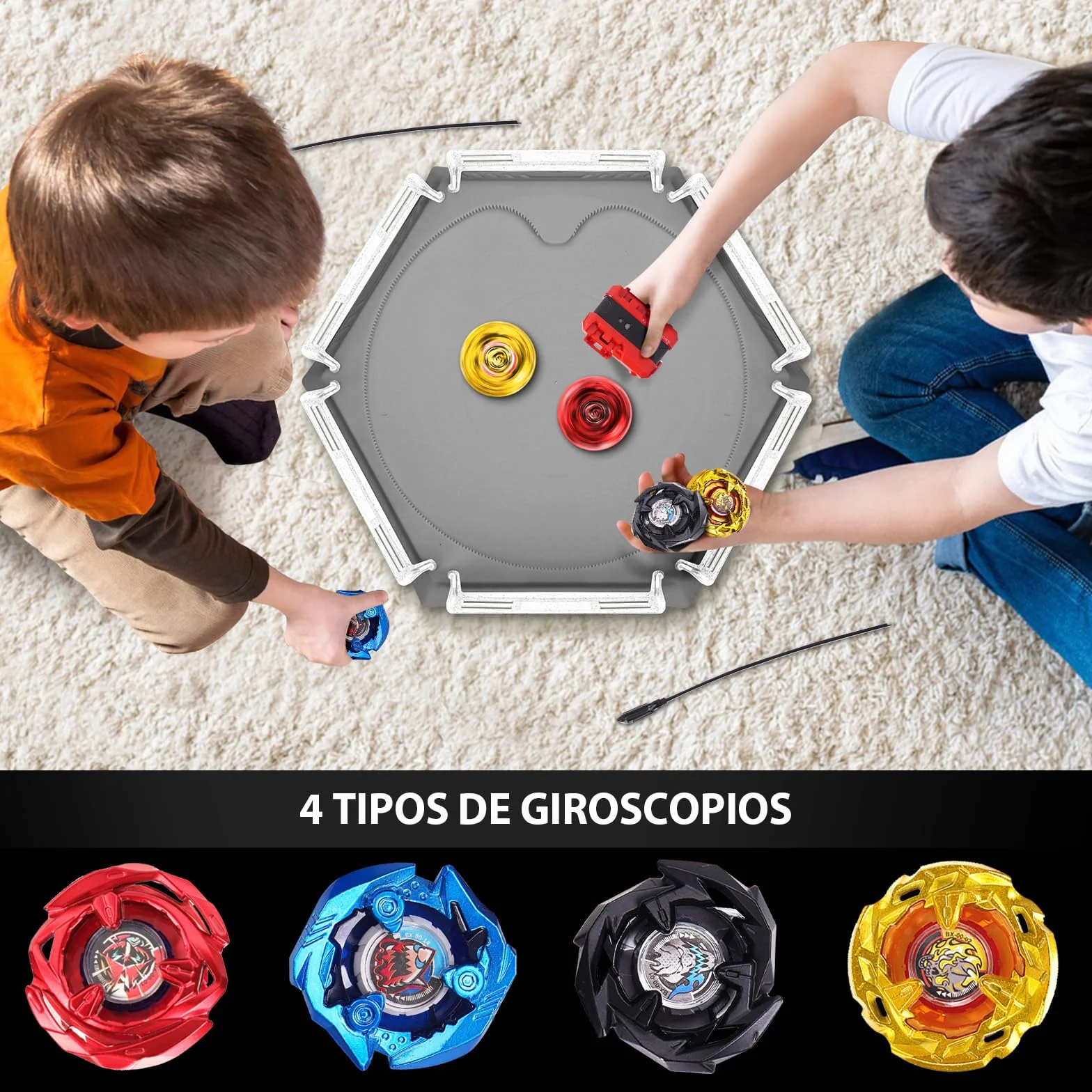 DEZAWRTY Set de Arena Gyro X Stadium con X Acceleration Rail – 4 peonzas de Combate, 2 lanzadores y Estadio, Arena de Batalla para niños a Partir de 6 años, Juguete de Combate para niños, Color Gris