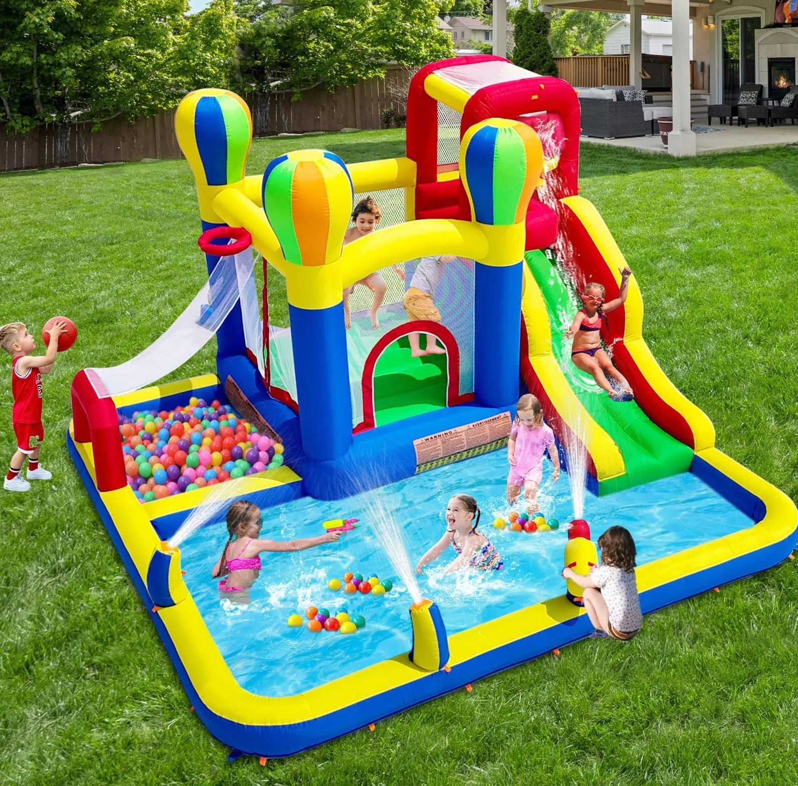 Baralir Castillo Hinchable para Interiores, tobogán seco y Agua, Adecuado para niños de 3 a 8 años, Castillo Hinchable para Exteriores con Ventilador, 343 x 338 x 202 cm
