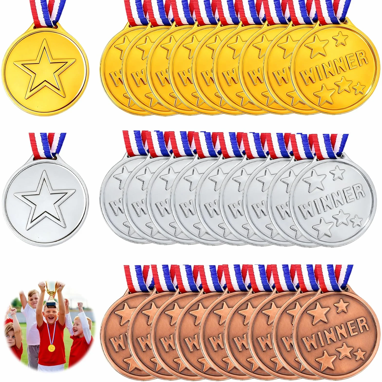Medallas Niños Oro Plata Bronce con Cintas, 30 Piezas Plástico Dorado para Cumpleaños Fiesta Deporte