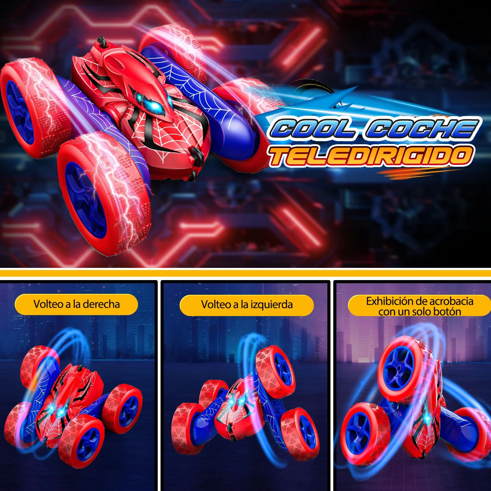 Coche Teledirigido Monster Truck 2,4Ghz 360° Rotación Luces Batería Recargable Type-C Niños 3-12 Años