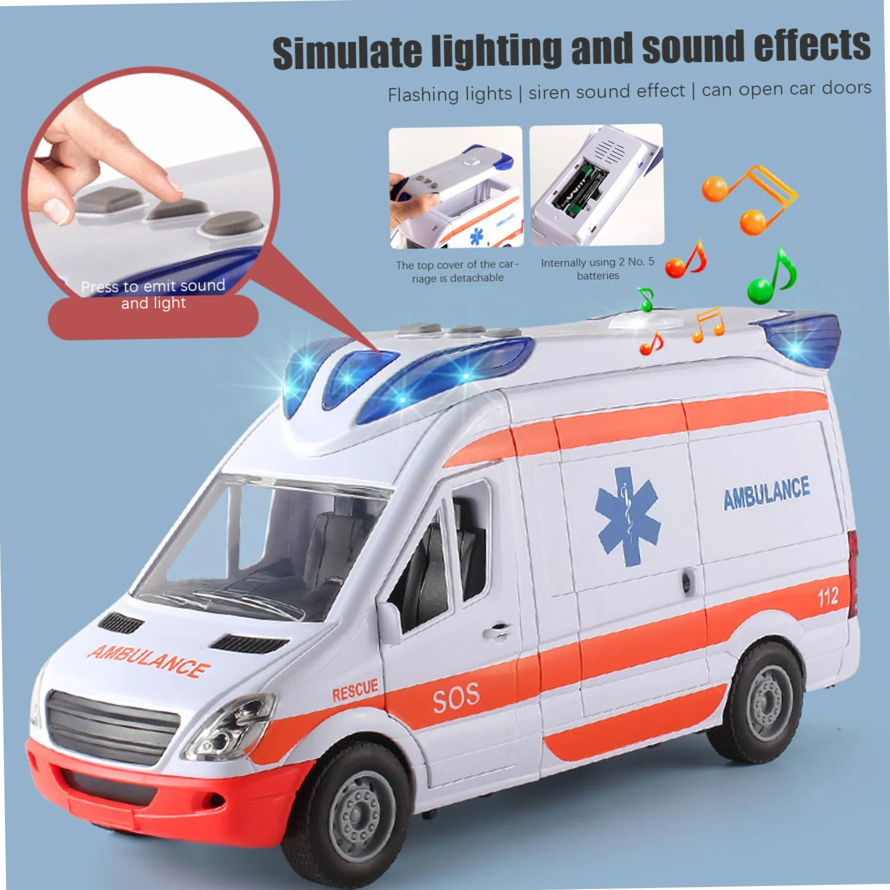 1pc Ambulance Juguete con Luces y Sonidos simulación Ambulancia de Juguete de batería con 5 Puertas Abiertas Vehículo de Juguete de inercia para niños Antimitaciones de 3+ cumpleaños