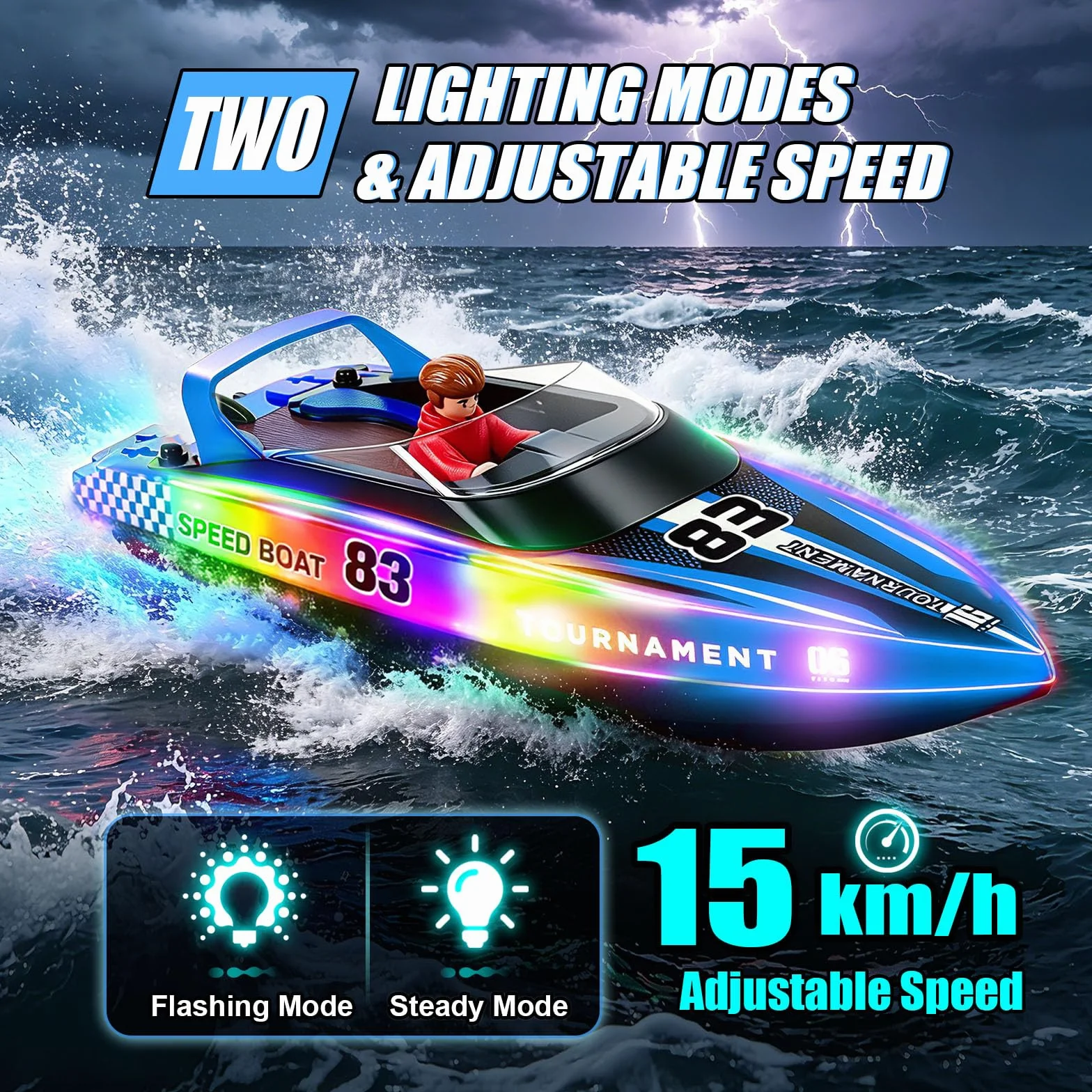 YOOHBERRYS Barco Teledirigido 2 Piezas, 2,4 GHz Barco de Control Remoto con Luces LED para Piscinas y Lagos, Barcos RC Regalo Juguete para Niños y Adultos (2PCS)