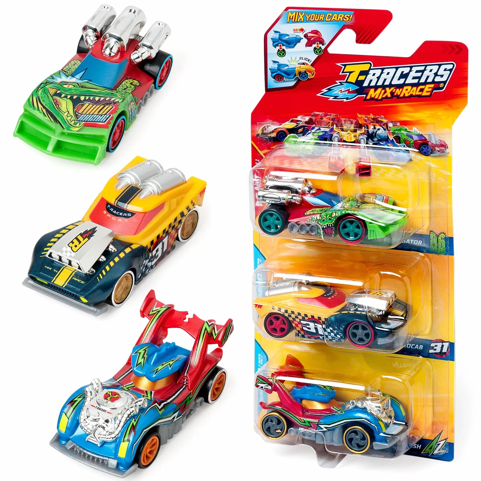 T-Racers Mix ´N Race 3 Pack – Pack de 3 Coches coleccionables. Coches Desmontables por Dos Partes y con Piezas Intercambiables. Pack 11/12