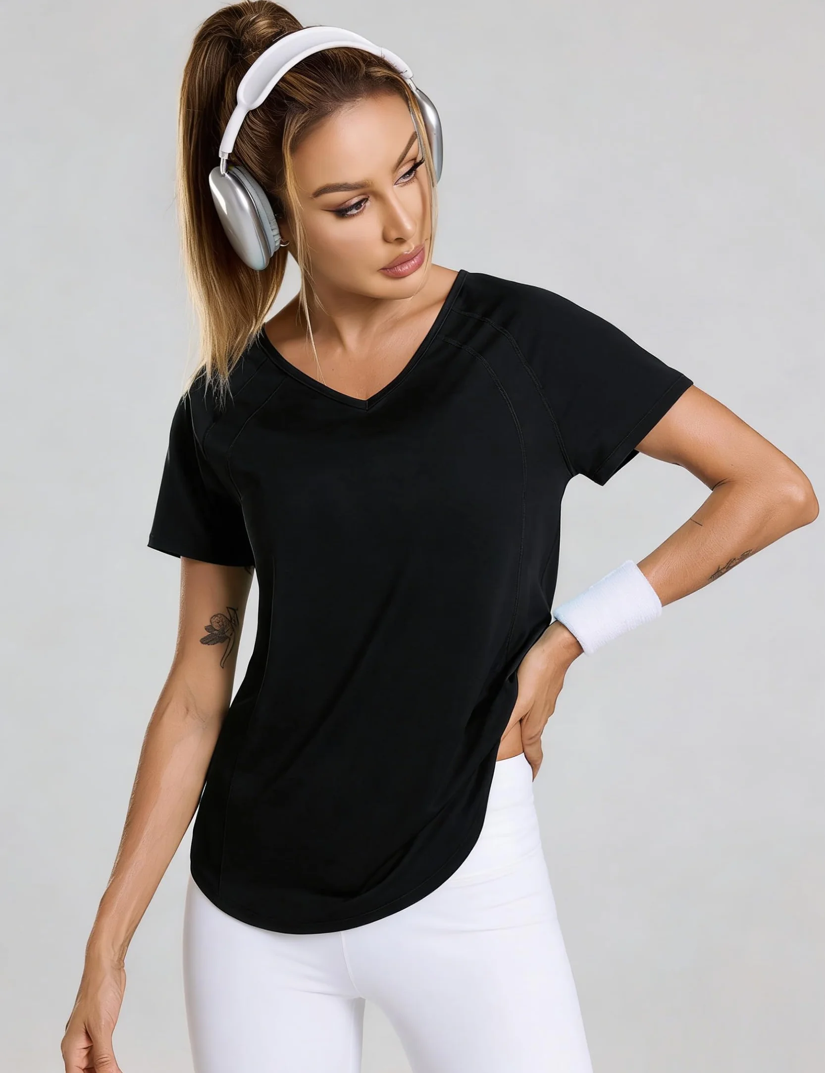 Camiseta Deportiva Manga Corta Mujer Cuello en V Fitness Yoga Top Transpirable Secado Rápido Ropa Entrenamiento S-3XL