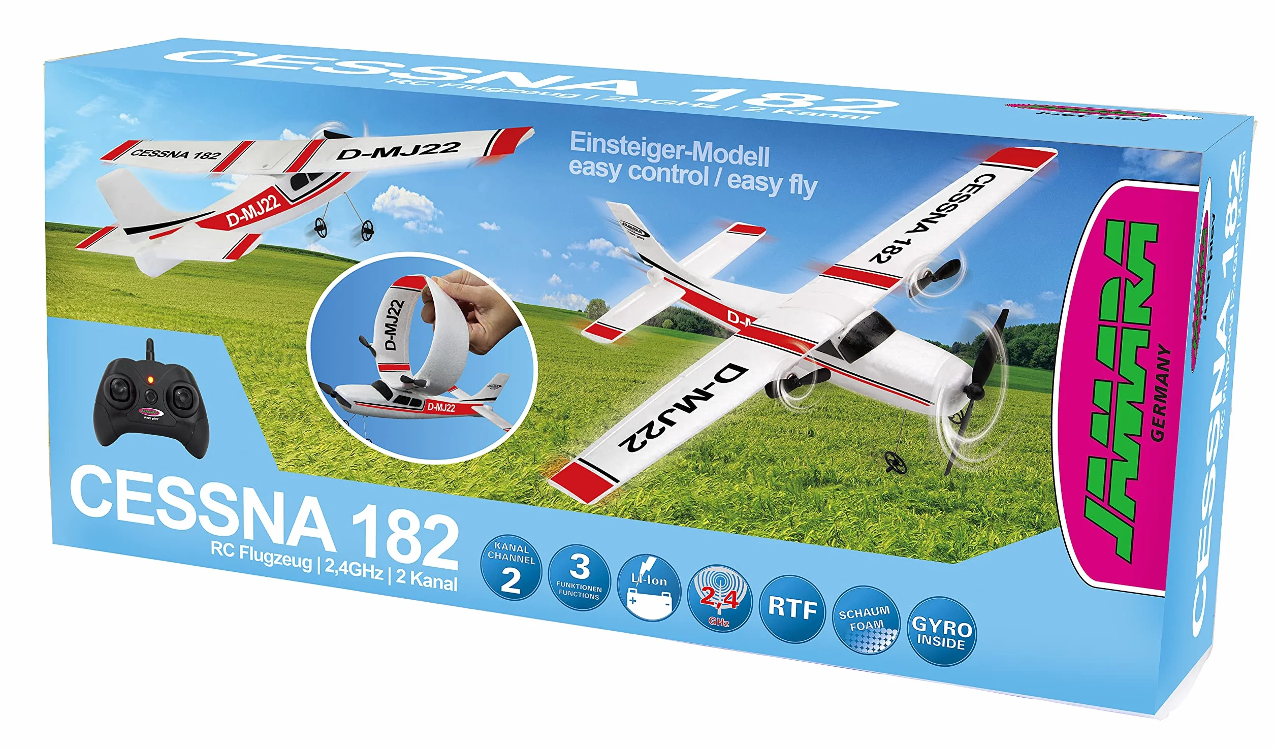 Jamara Cessna 182 Avión 2,4GHz Gyro 2CH - Modelo de Avión Teledirigido, Avión por Radiocontrol, con Giroscopio, Vuelo Estable, Vuelo automático, En Microespuma Flexible, para Principiantes