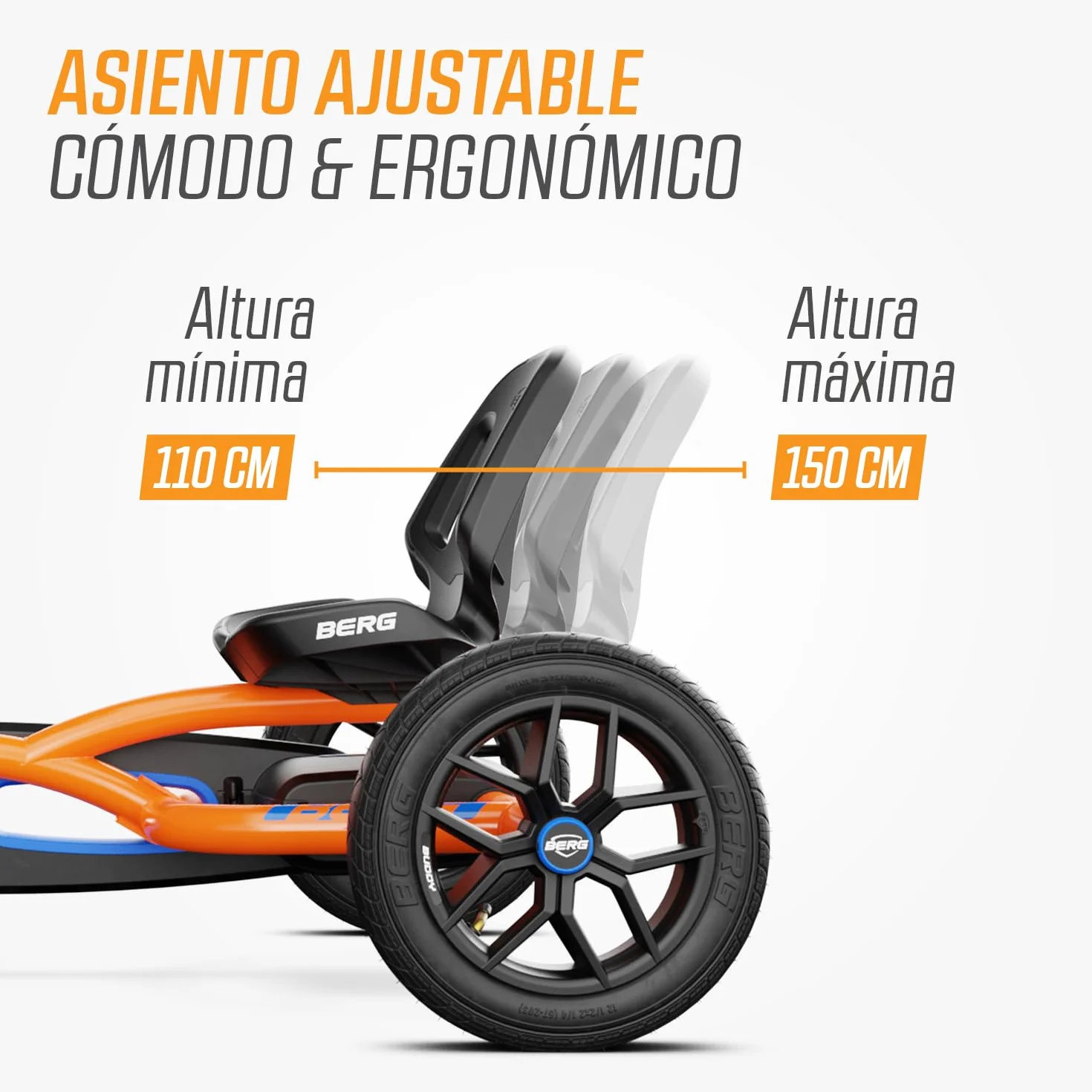 BERG Kart a Pedales Buddy B-Orange | 3-8 años, cuadro resistente, asiento regulable, volante regulable