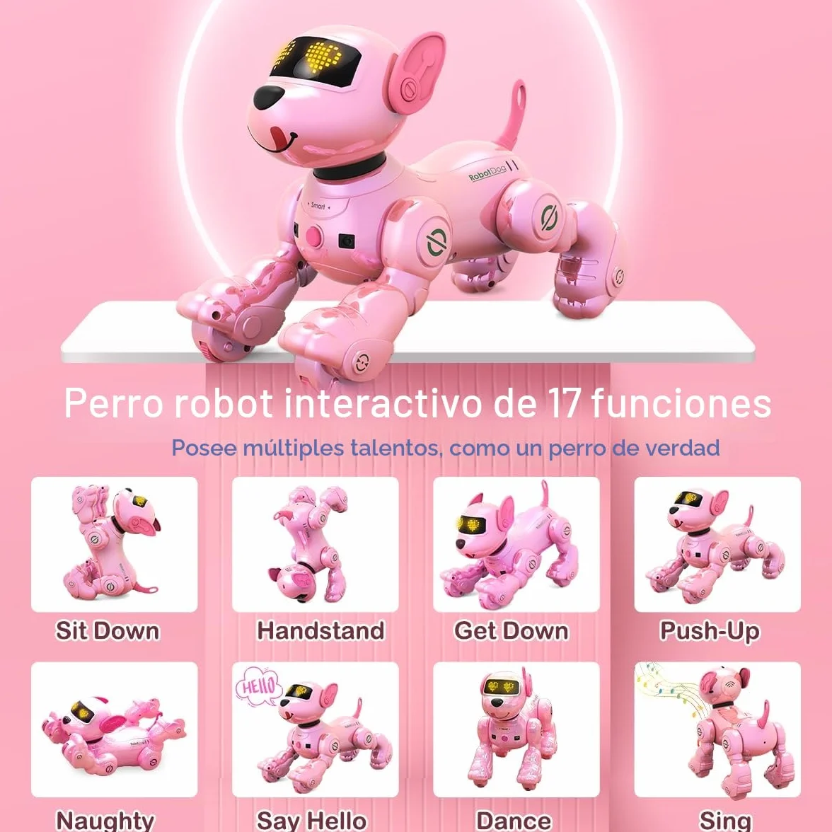 VATOS Perro Robot Recargable para Niños, Perro Robot con Control Remoto, Programable,17 Funciones Interactivas y Volumen Ajustable; Juguete de Cachorro Robot Que Canta y Baila, Regalo para Niñas,Rosa