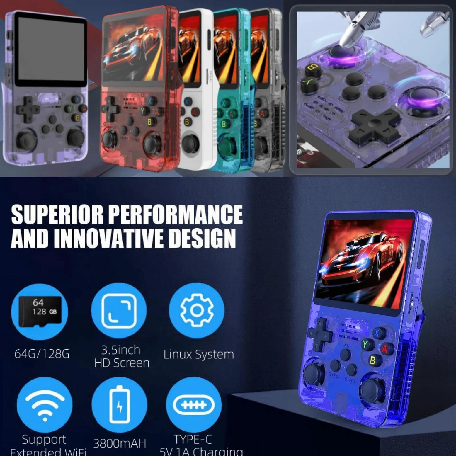 Portable Retro Handheld Game Console, 3.5inch IPS Screen, 10+ Mainstream Emulator, 64G TF Card, 15000+ Classic Games, 3500mAH Battery (64G Blue)