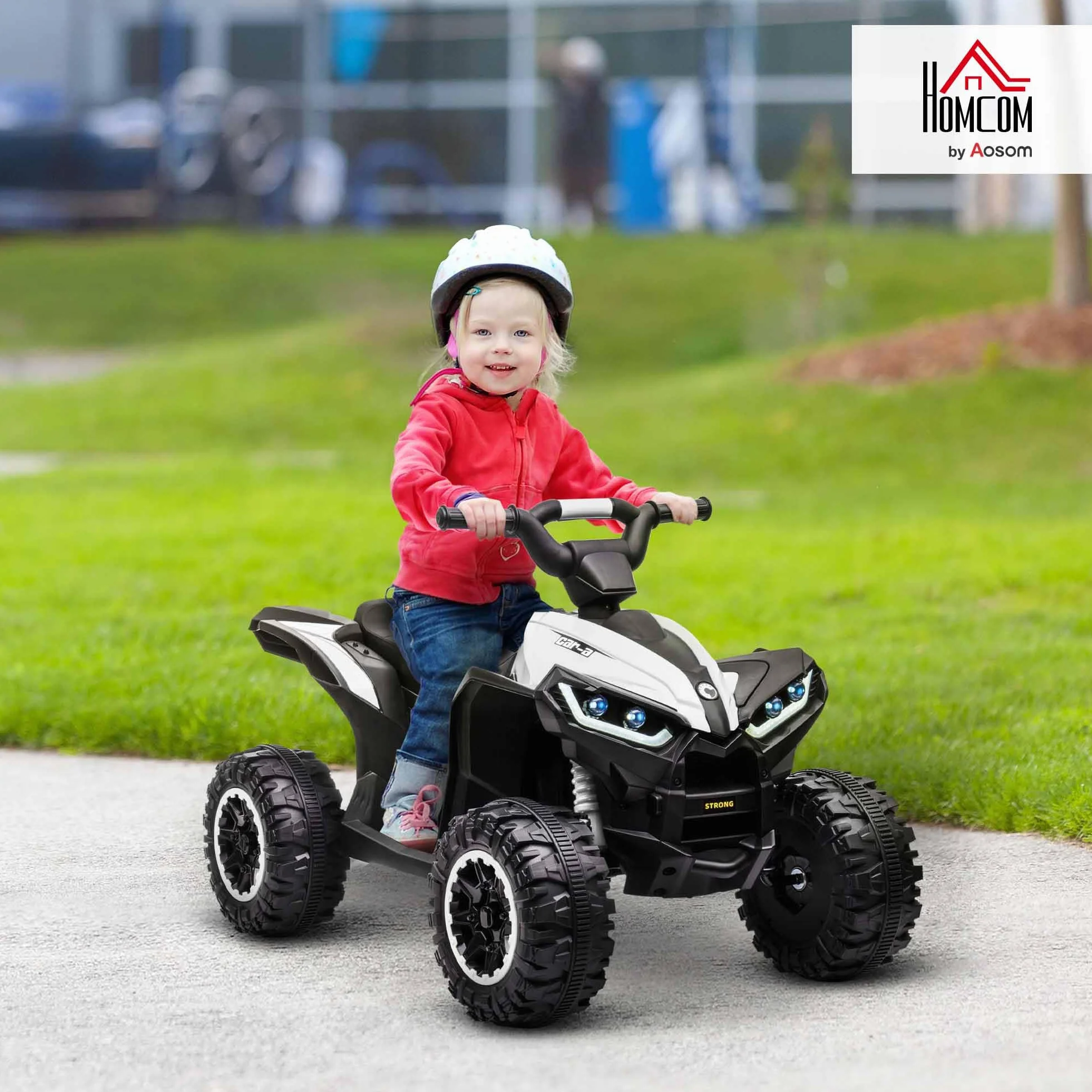HOMCOM Quad Eléctrico para Niños 12V, Quad para Niños de 3-5 Años, con 2 Motores, Velocidad Ajustable 3-6km/h, Faros, Bocina, Música, USB, Avance y Retroceso, Blanco
