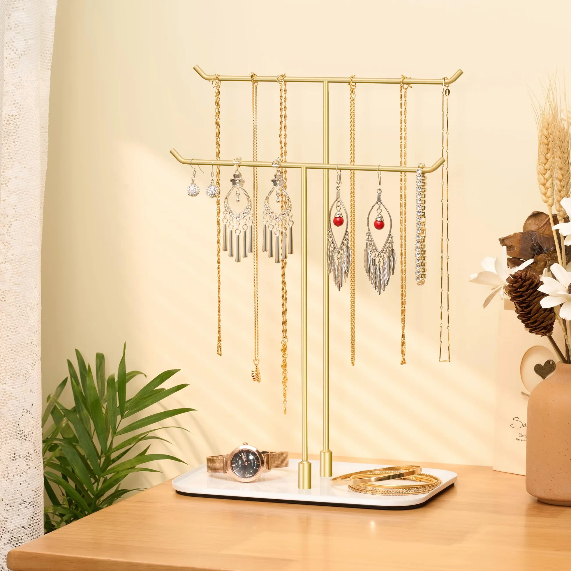 Josmimic Soporte para joyas, bandeja para joyas, organizador de joyas para collares, pulseras, pendientes, anillos, idea de regalo, dorado
