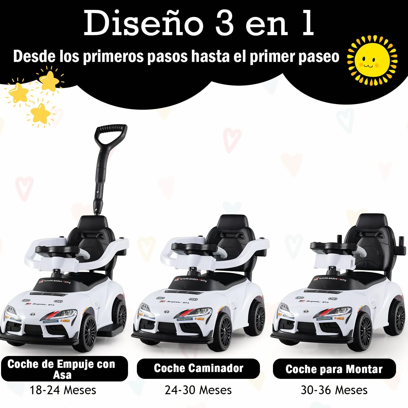 GOPLUS Correpasillo 3 en 1, Coche Correpasillos para Niños con Barra de Empuje, Barandilla de Seguridad Desmontables, Volante con Sonido y Música, Almacenaje bajo Asiento, para 1,5-5 Años (Blanco)