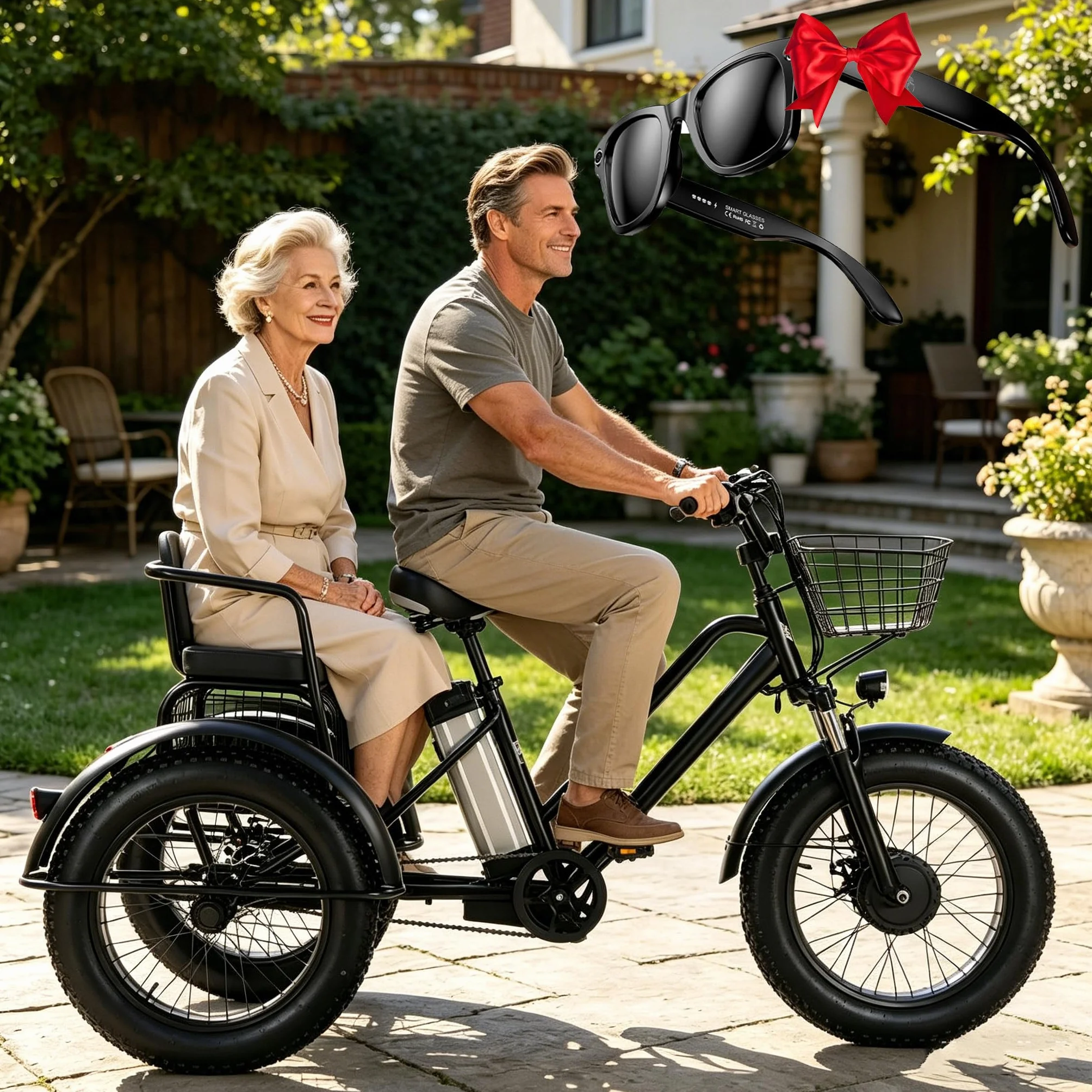 Triciclo Eléctrico para Adultos,con Neumáticos Anchos Todoterreno 20" X 4.0,Cesta De La Compra Y Asiento Trasero,Batería Extraíble 48v/12ah,Carga 200Kg,Ideal para IR Compras