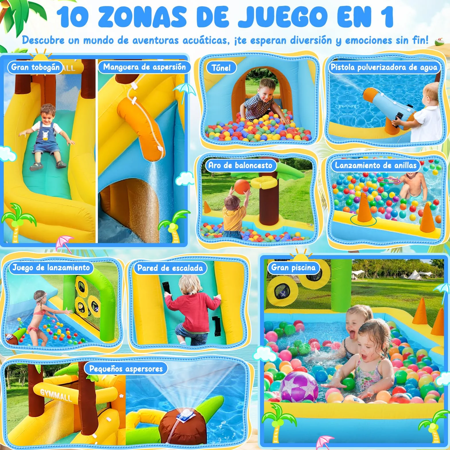 Tobogán Inflable de Agua con Ventilador 450W - Castillo Hinchable 10-en-1 para Niños en Interior y Exterior con Piscina, Aspersores y Tobogán Largo