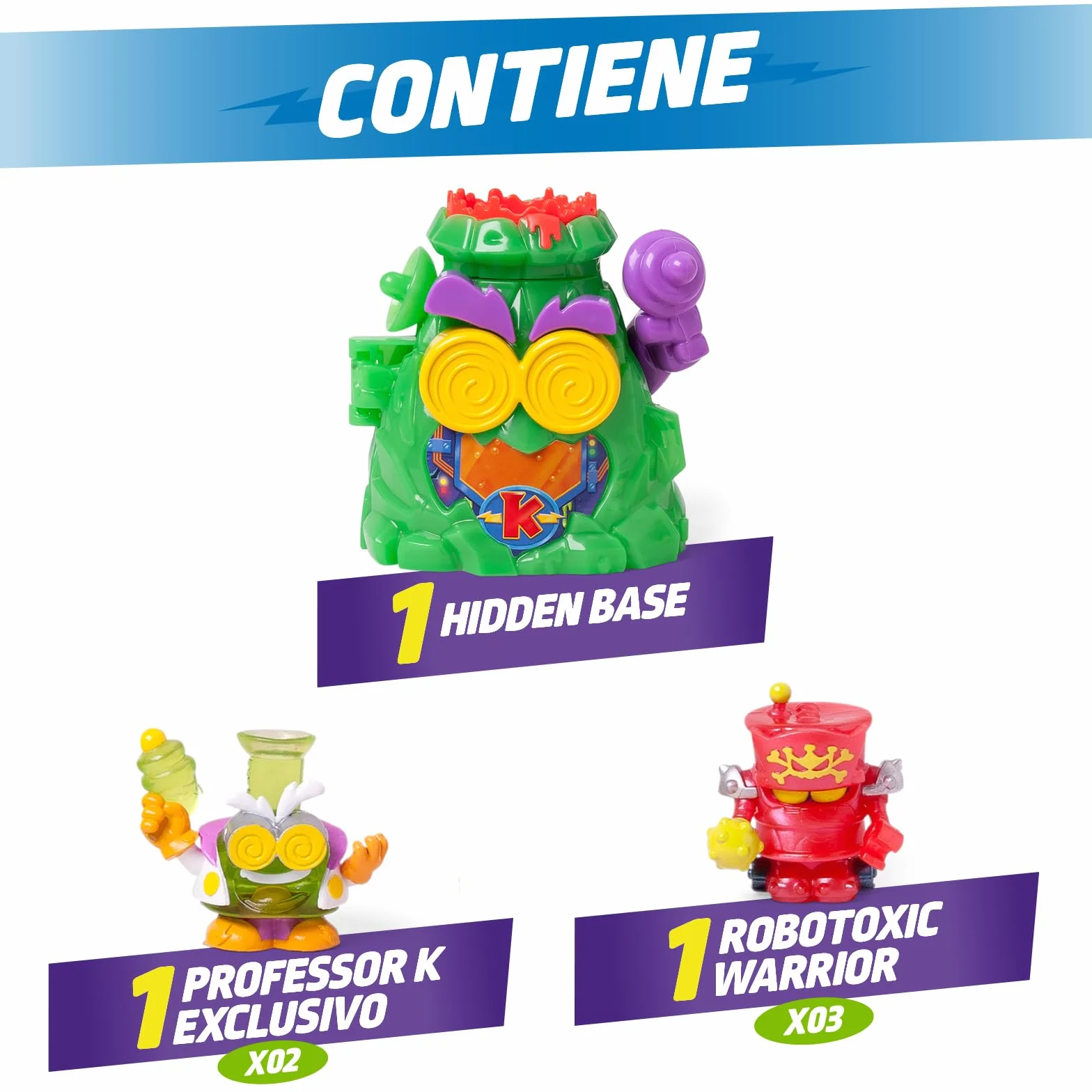 SUPERTHINGS KAZOOM Power – Hidden Base Professor K. Guarida del Professor K de la Serie de TV “Kazoom Power”. Contiene 1 Hidden Base, 1 Professor K Exclusivo, 1 Robotoxic Exclusivo
